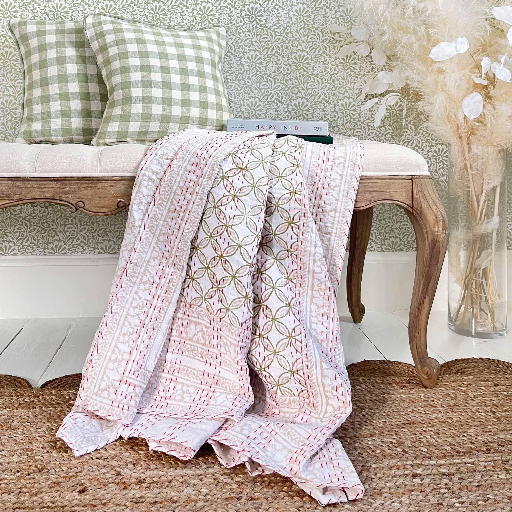 Bed Cover in Shades of Pink and Pale Green