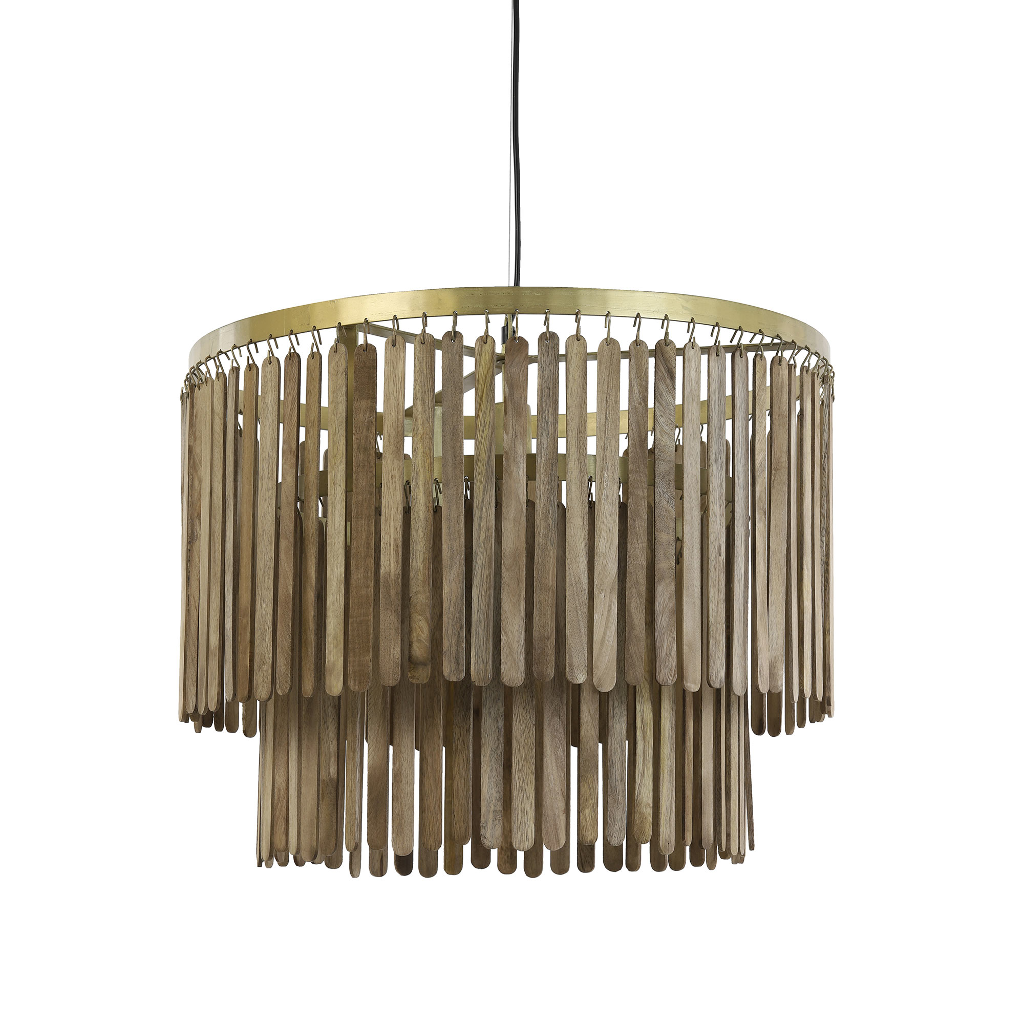Large Wooden Slated Chandelier Ceiling Light with Brushed Brass Detail