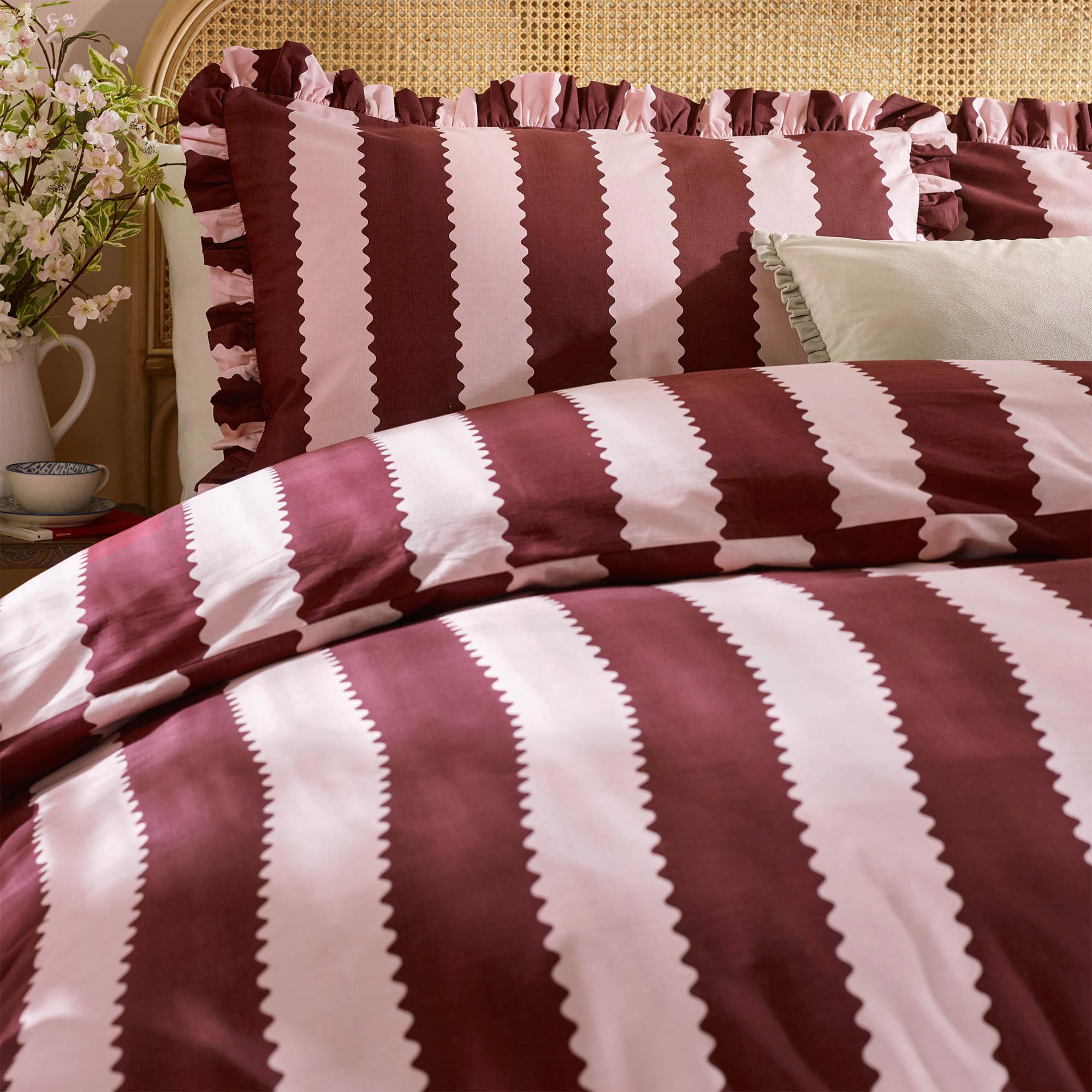 Birdie Stripe Bed Linen Set in Raspberry Ripple