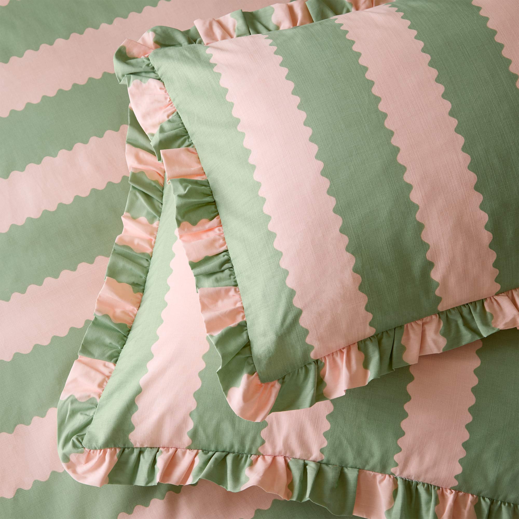 Birdie Stripe Bed Linen in Pistachio & Petal