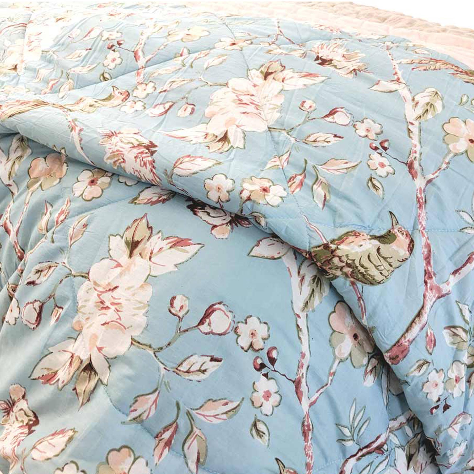 Birds and Blossom Blue Cotton Quilted Bedspread