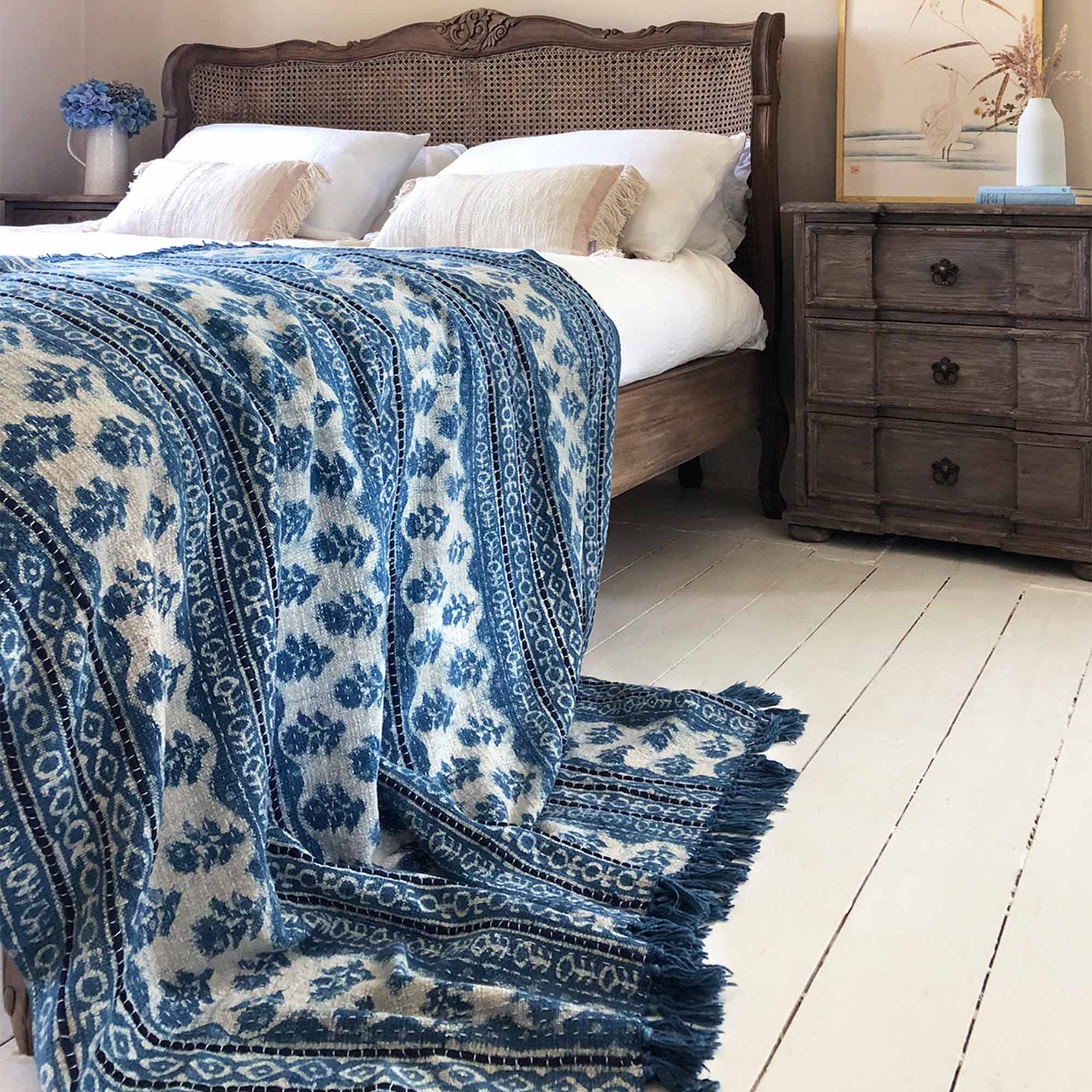 Printed Throw with a Blue Pattern on a White Background