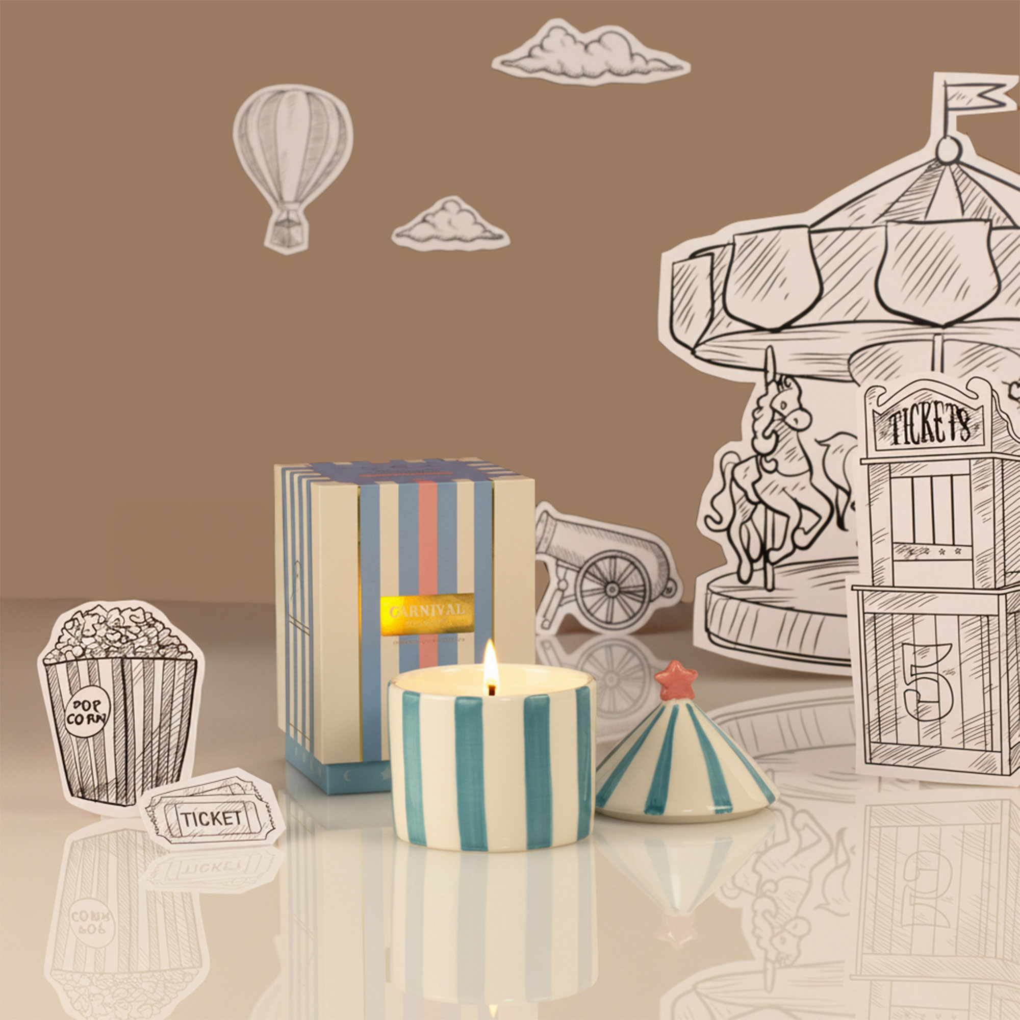 Luxury charcoal and matcha scented candle in a blue and white striped ceramic pot with matching box, styled with carnival-themed illustrations.