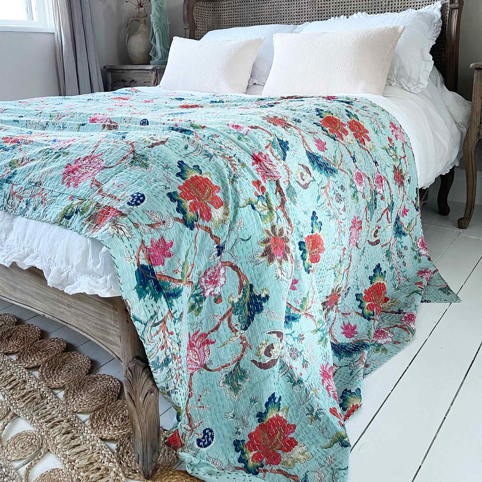 Bed Cover with Blue Floral Print Design