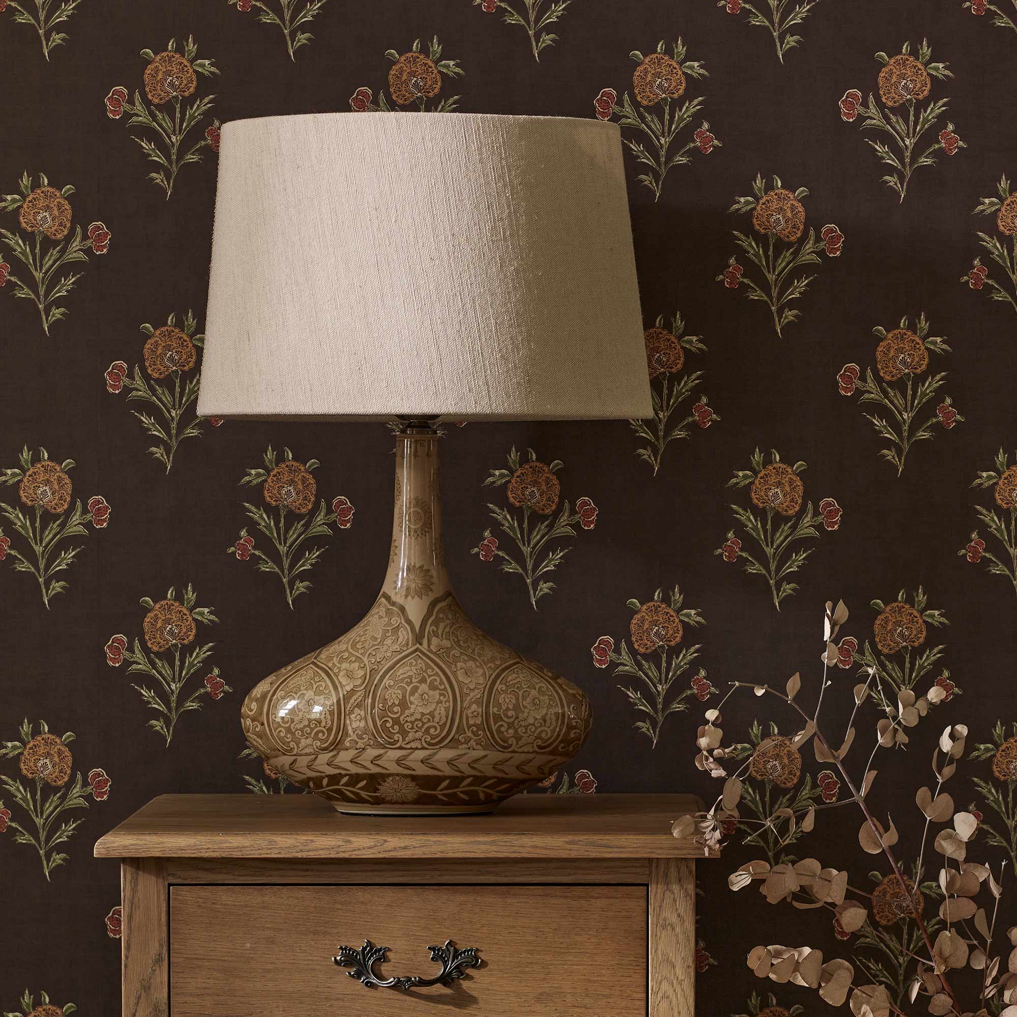 Brown Mehndi Henna Ceramic Table Lamp with Pale Linen Shade