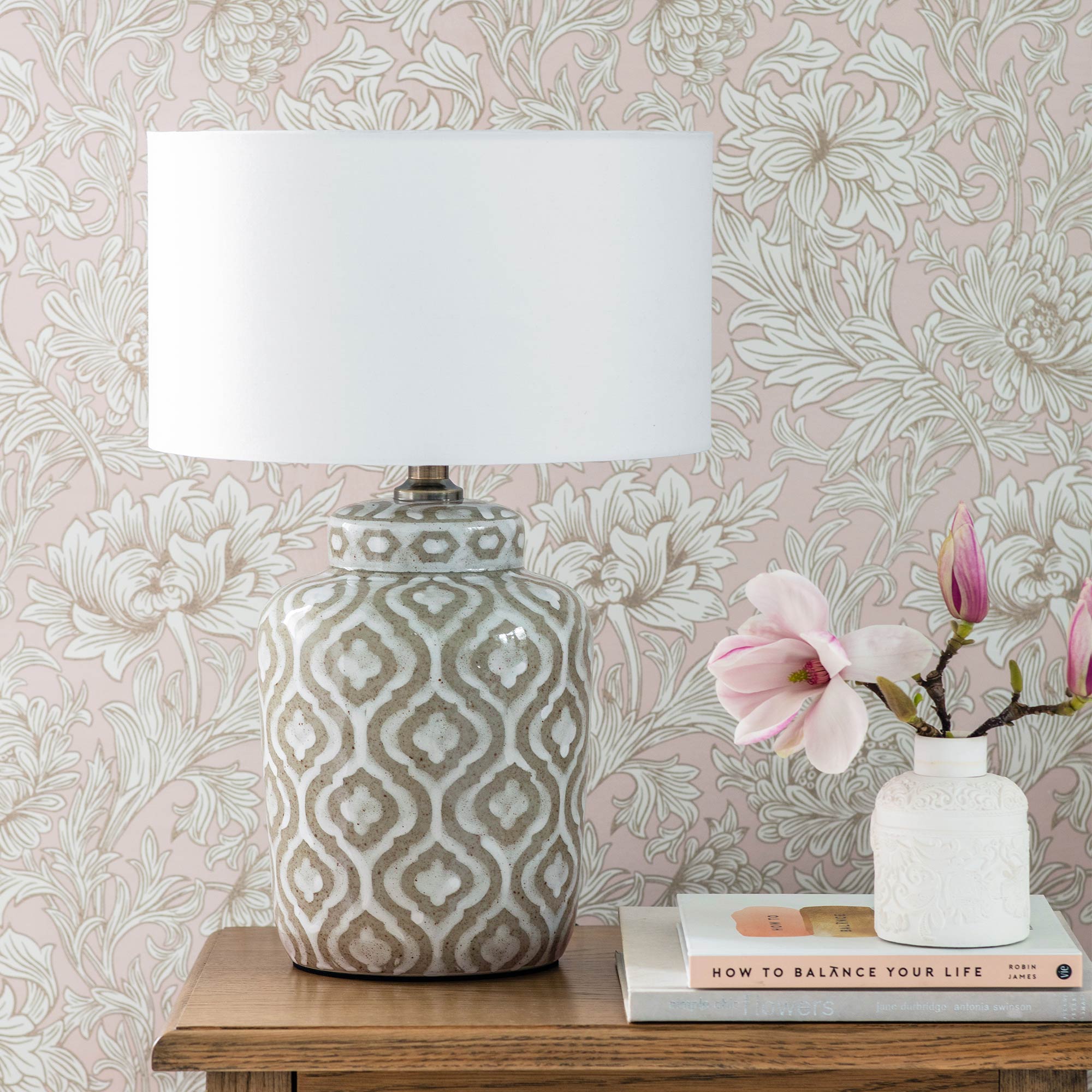 Taupe and White Pattern Ceramic Table Lamp with a Cotton Shade