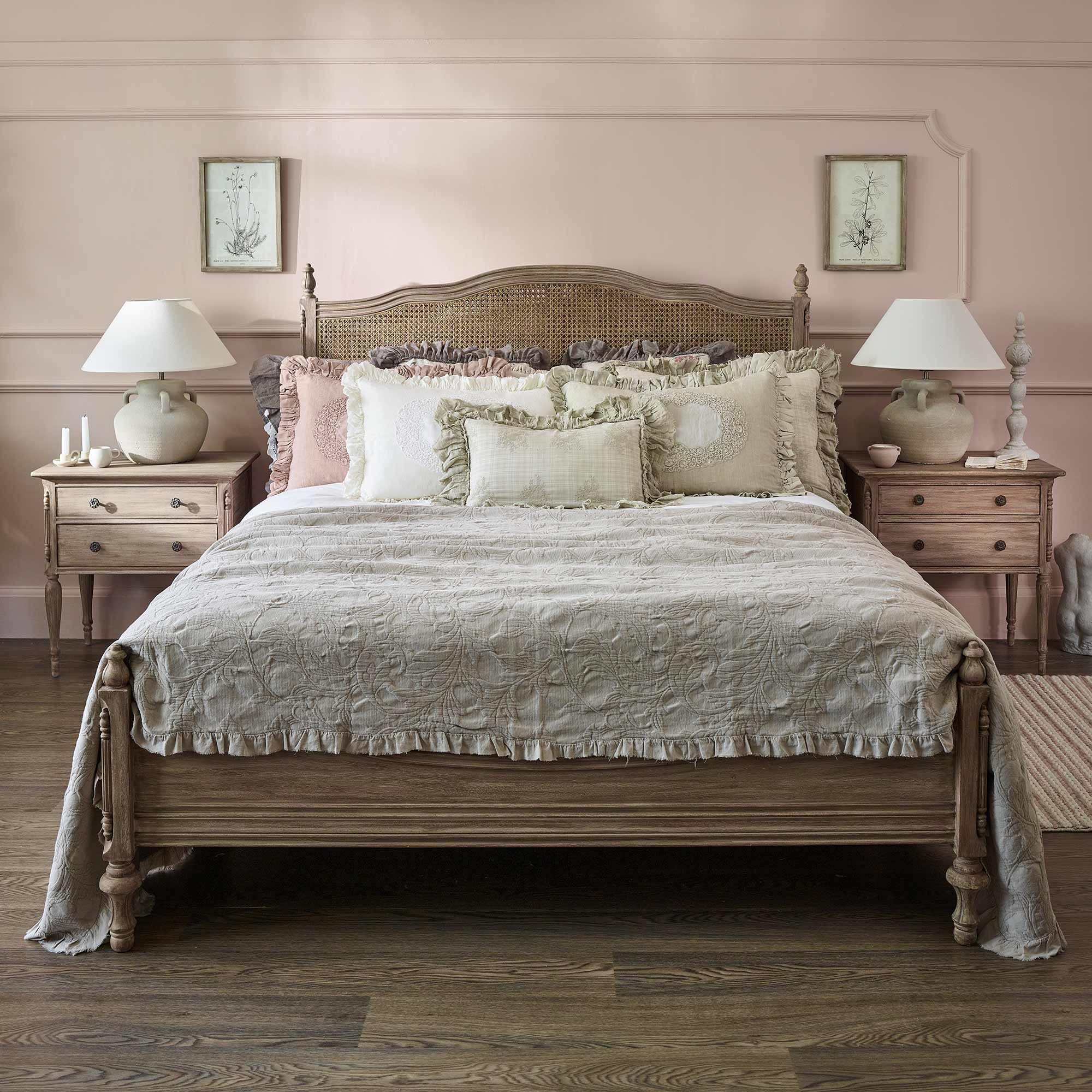 rattan headboard and solid wood footboard bed with border carvings 
