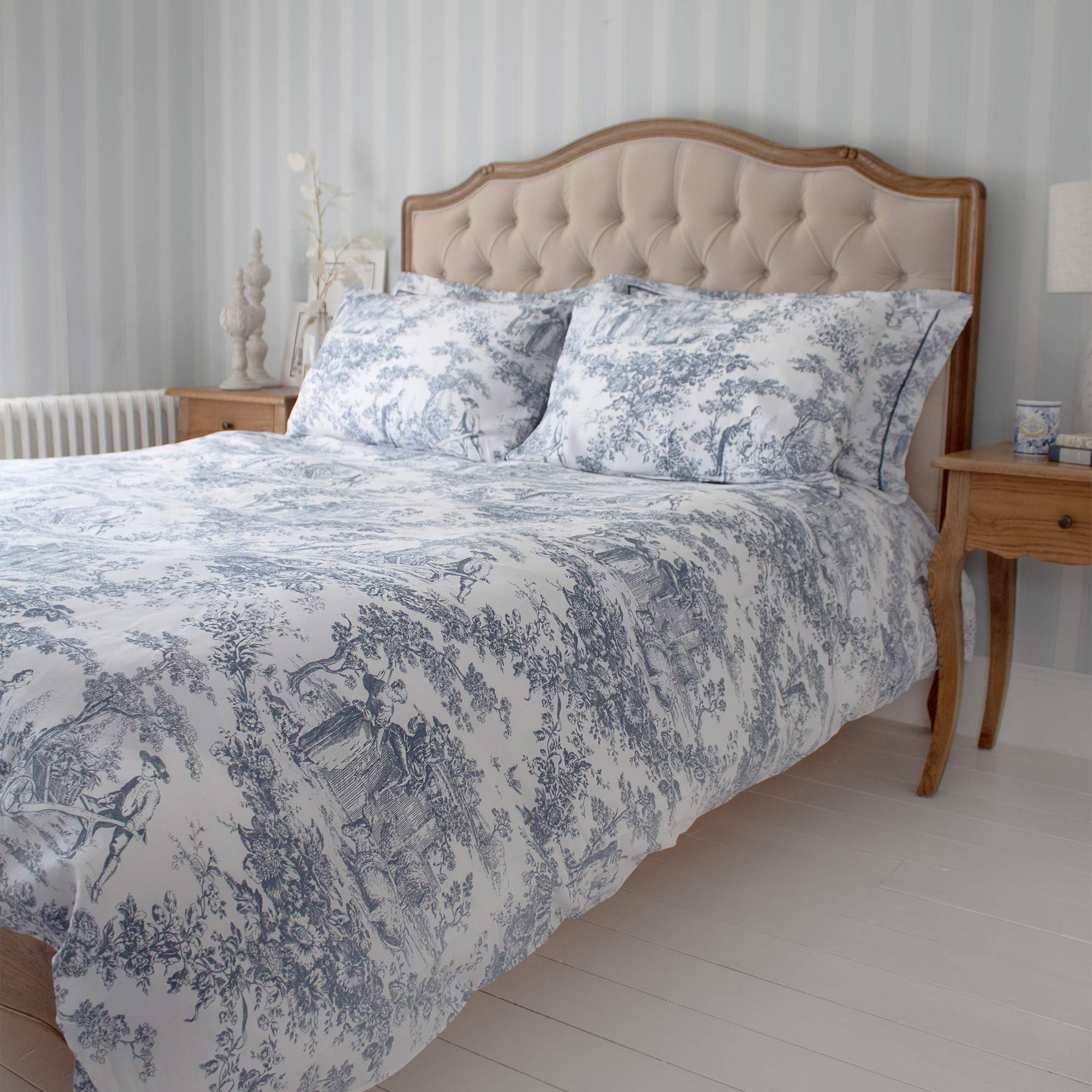 Bed Linen with a Classic French Toile Design in Blue and White 