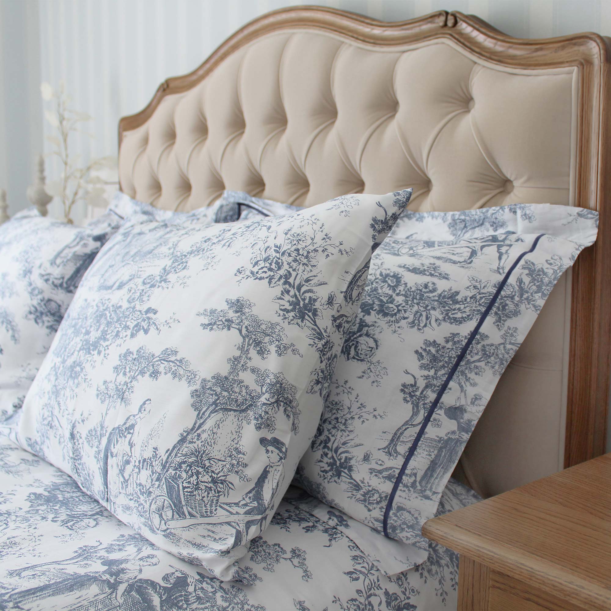 Bed Linen with a Classic French Toile Design in Blue and White 