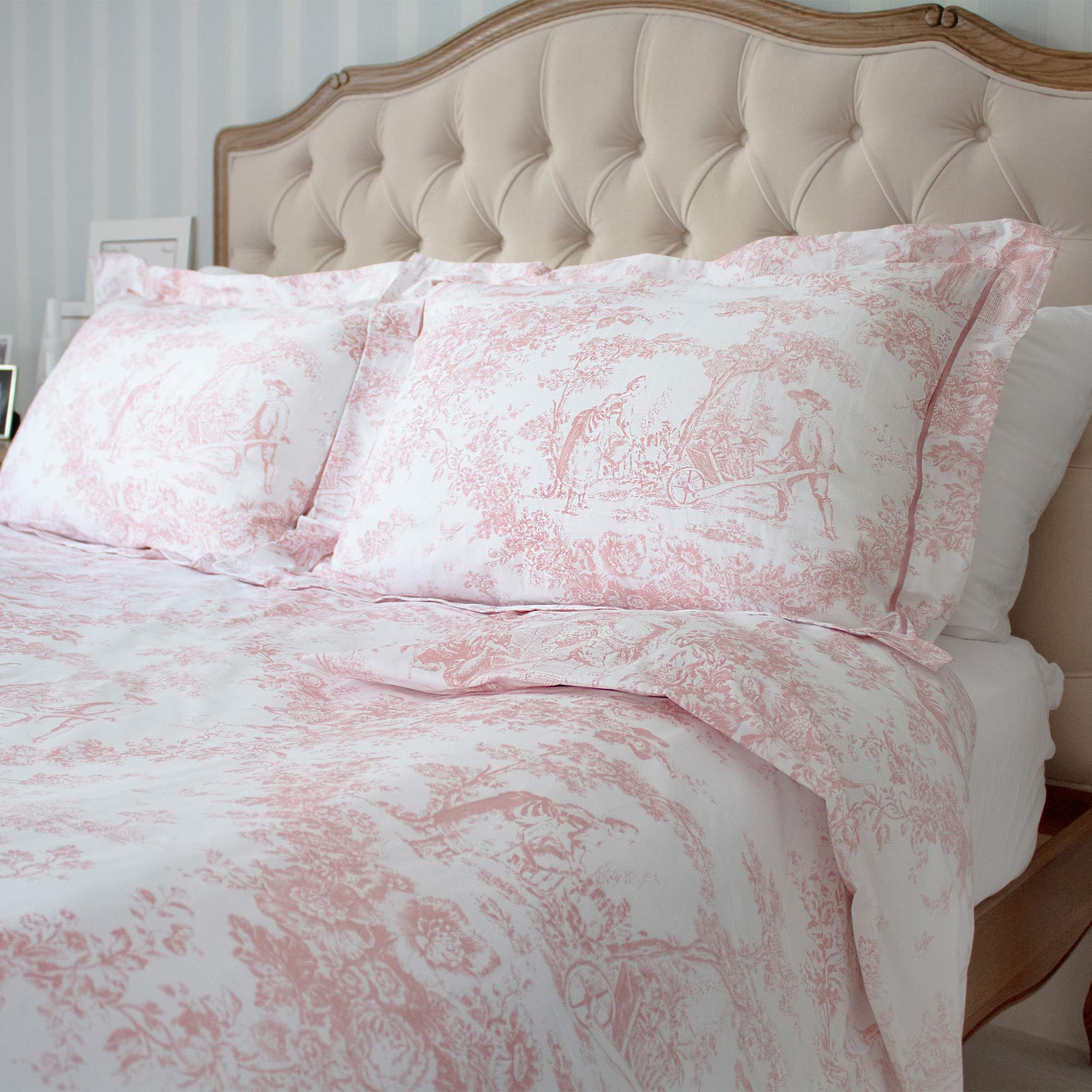 Bed Linen with a Traditional French Toile Design in Pink and White 