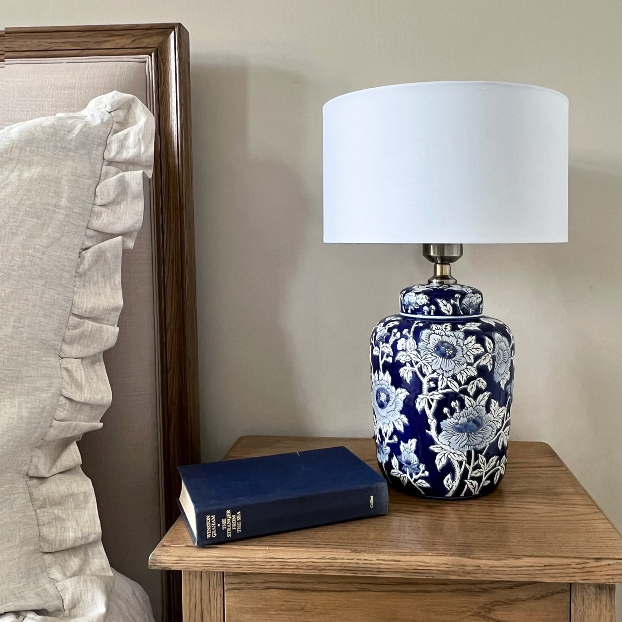 Blue Floral Ceramic Table Lamp with White Cotton Shade