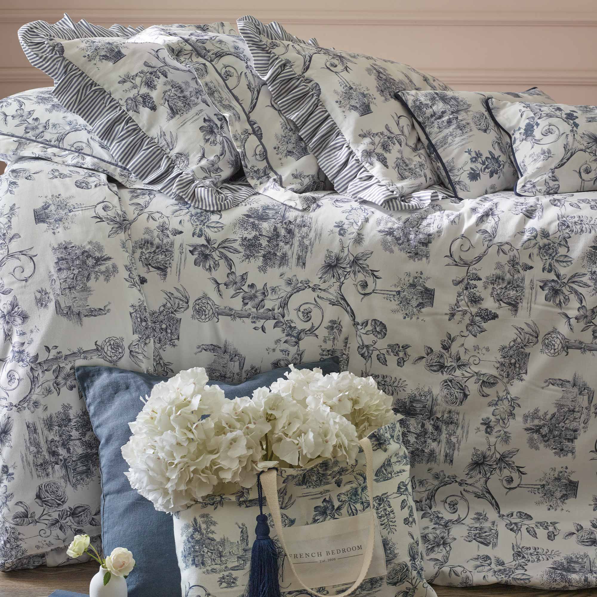 100% Cotton Bed Linen Set with a French Bedroom French Toile Design in French Blue
