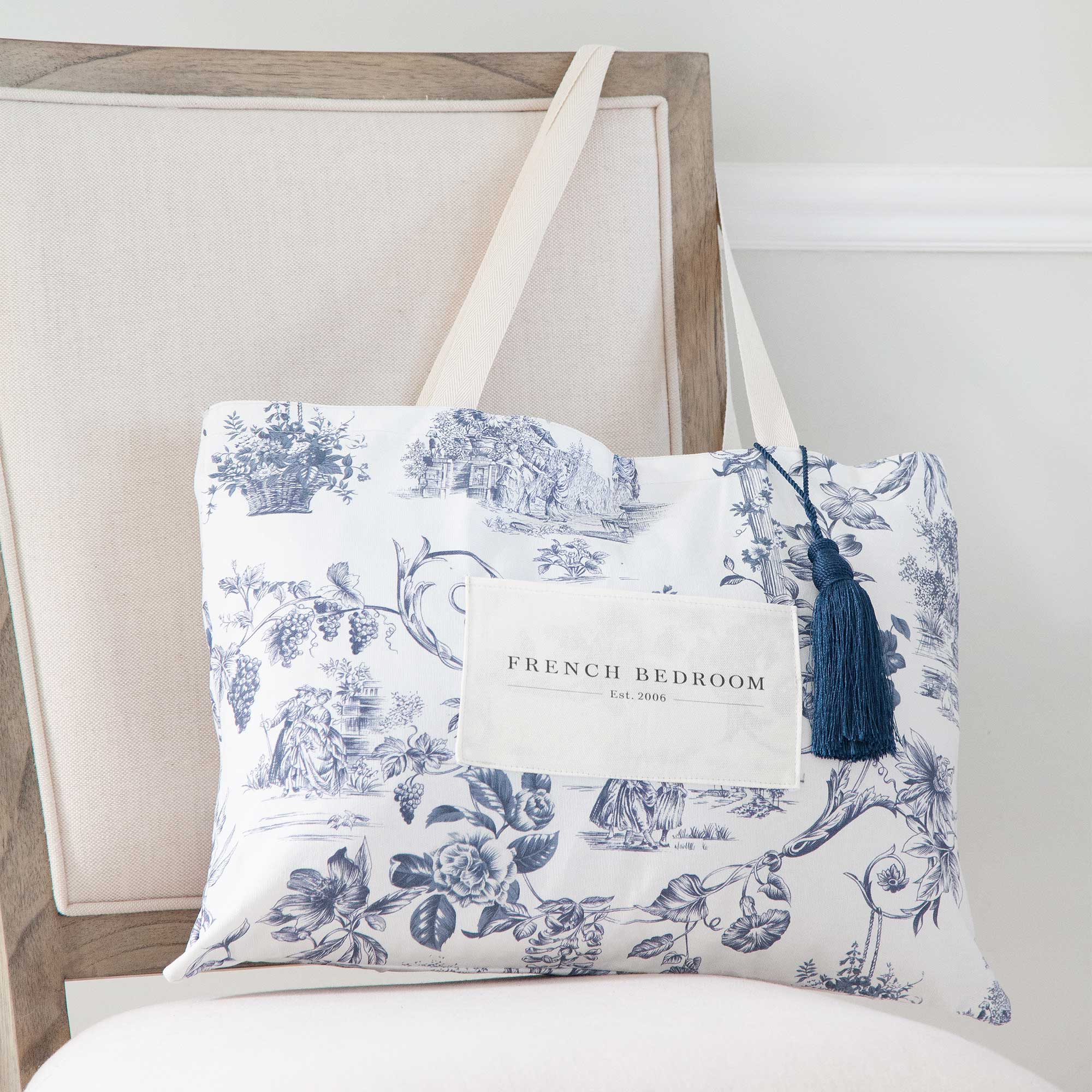 Vintage Style Blue and White Shoulder Bag with Tassel