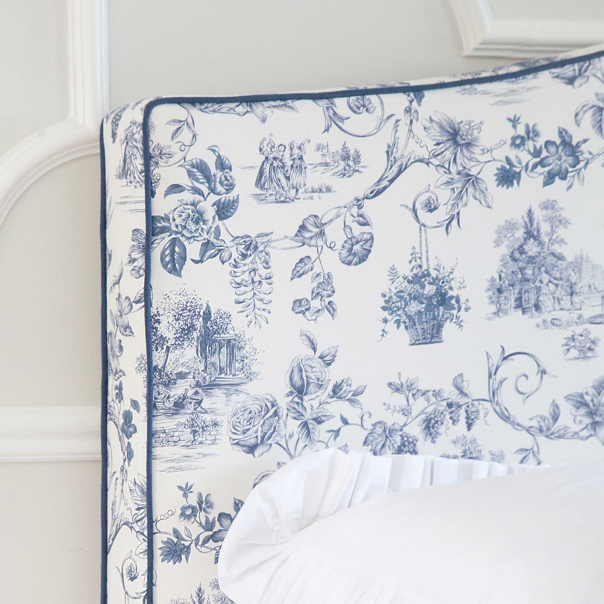 French Toile Blue Upholstered Bed