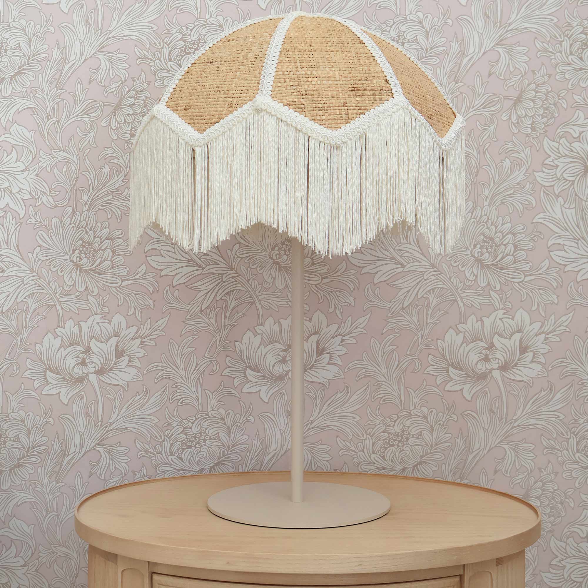 Natural Rattan Shade with White Braid and Tassel Fringe Trim