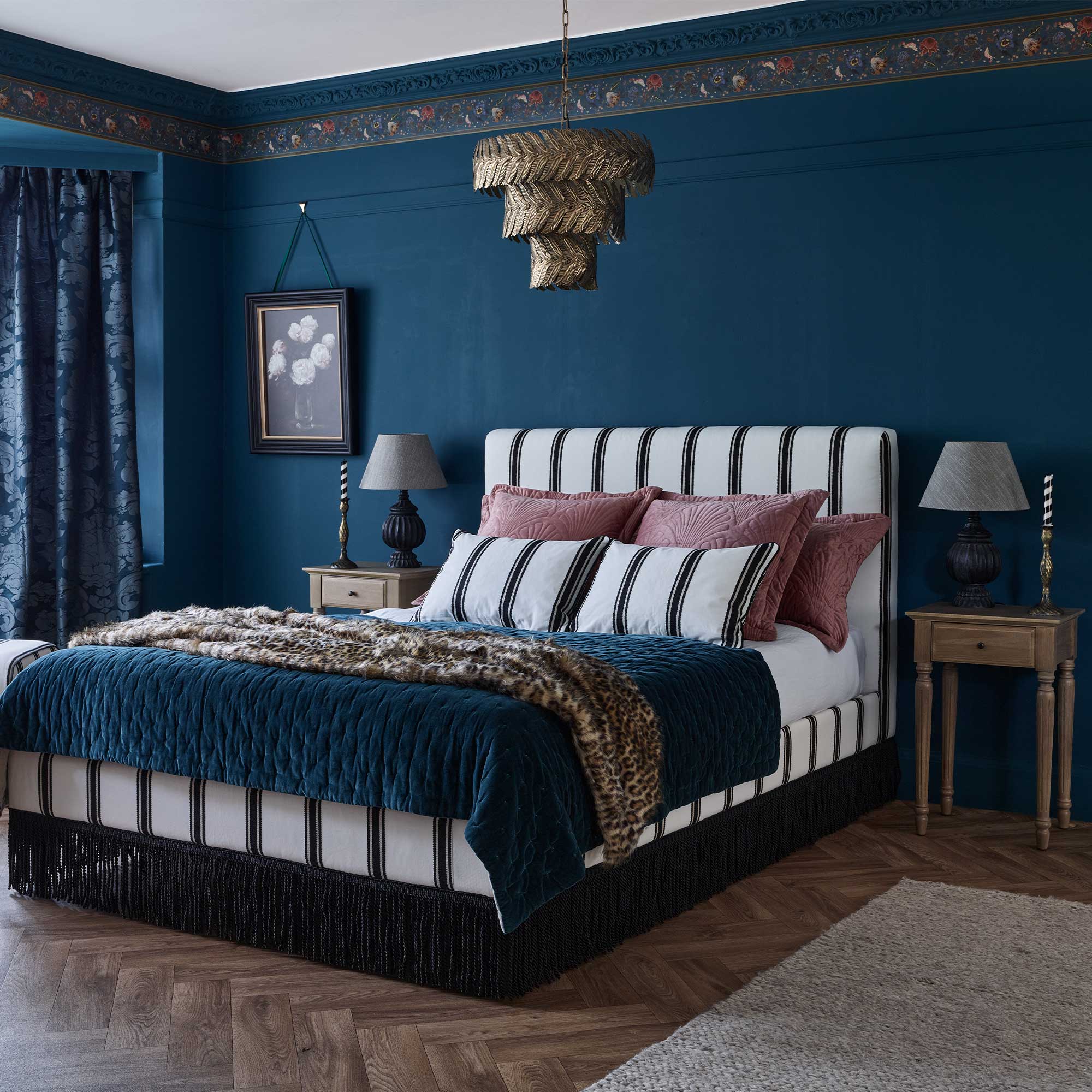 Stripe Upholstered White and Black Bed with Fringe Detail