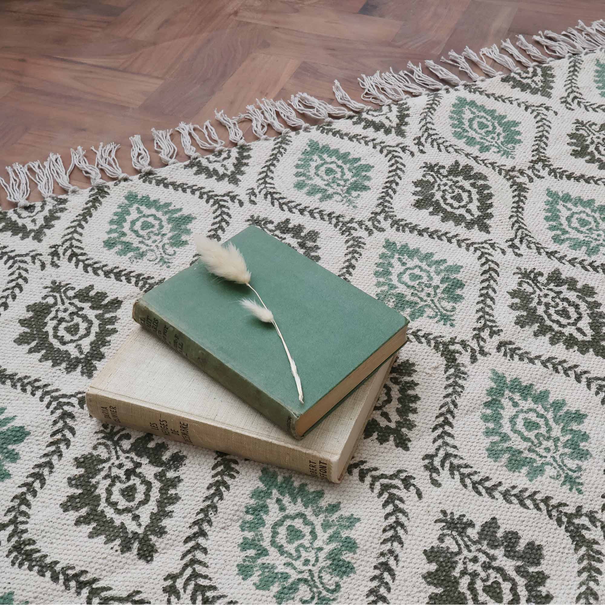Green and White Printed Rug 
