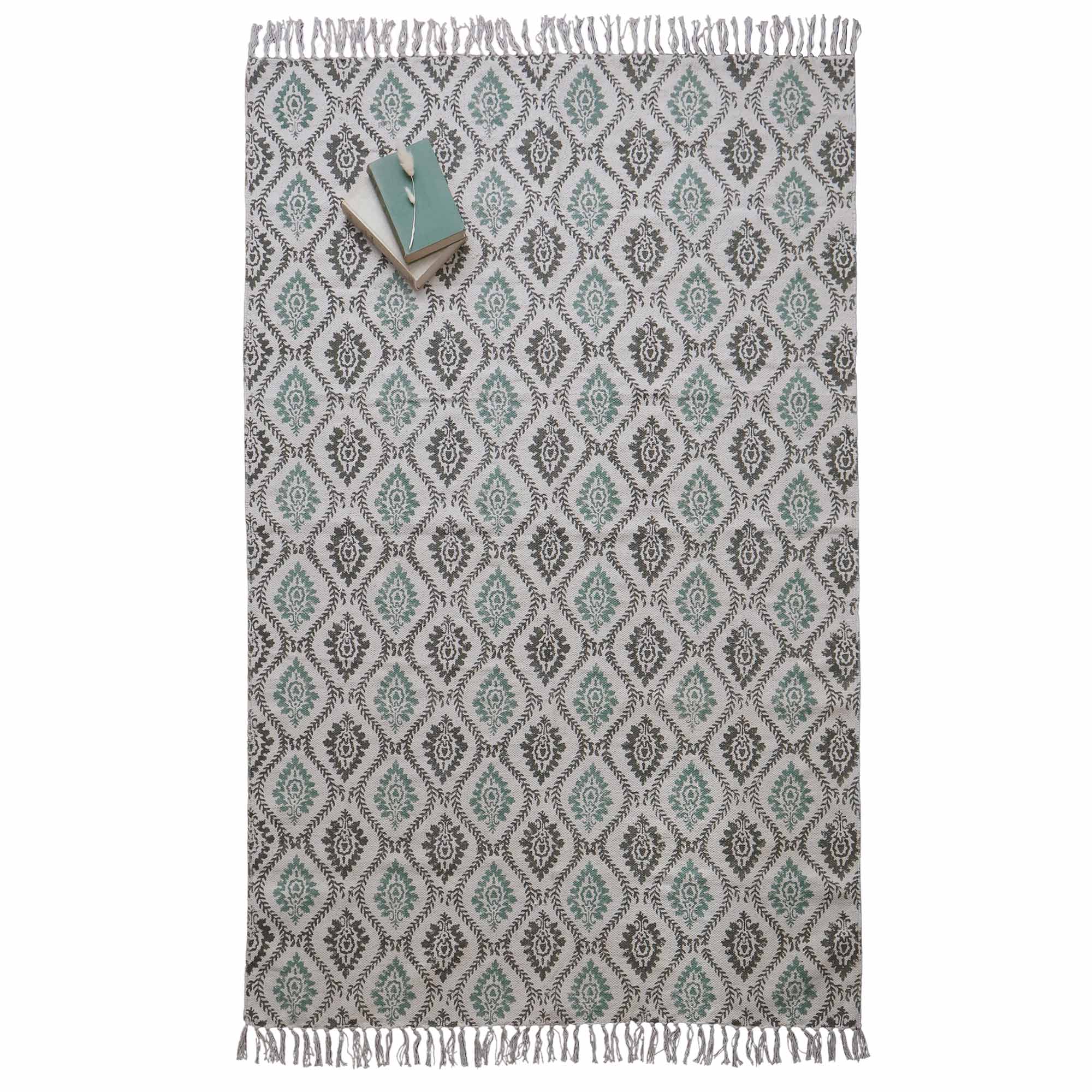 Green Trellis Block Printed Rug