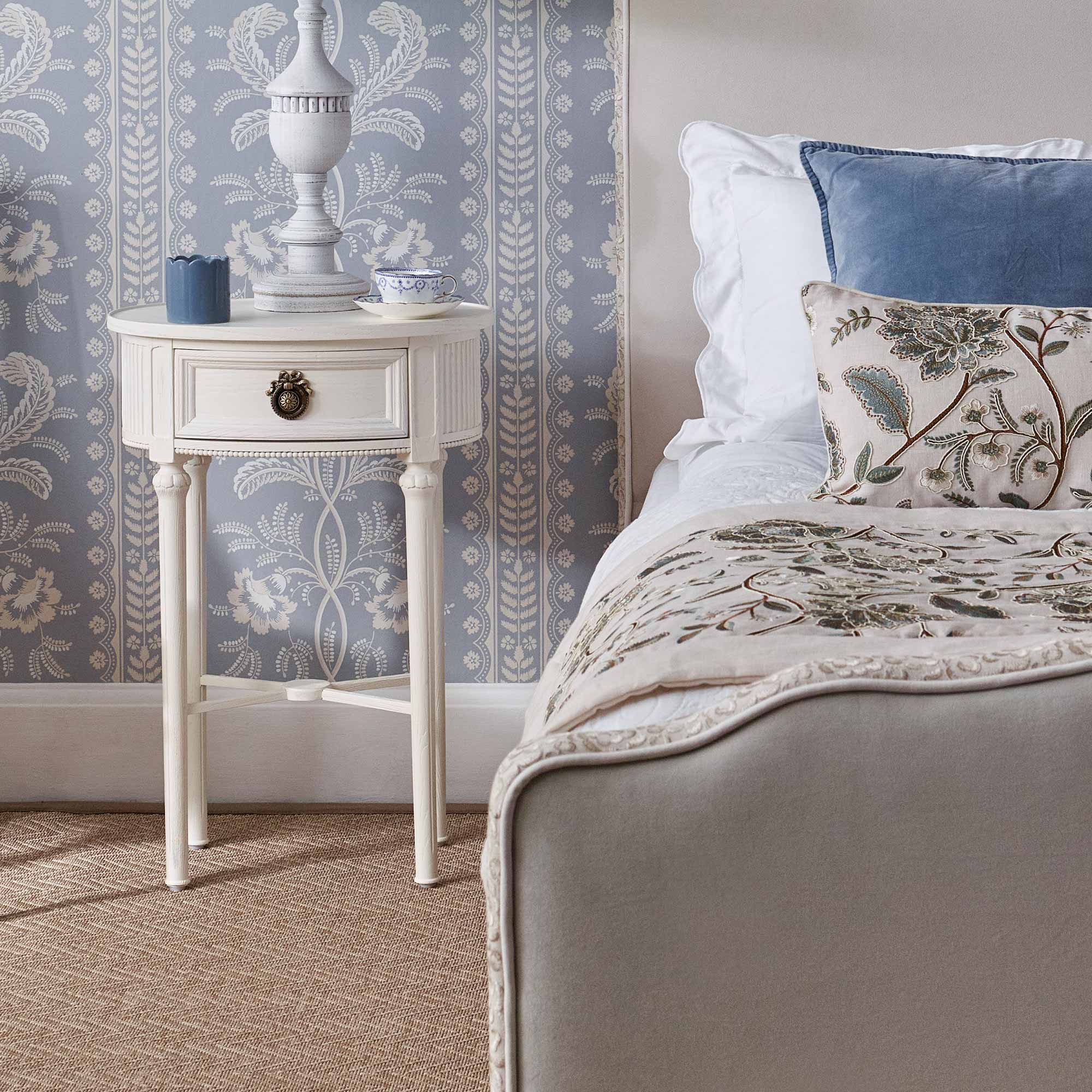 Gustavian White Oval Nightstand With Hand Carved Details