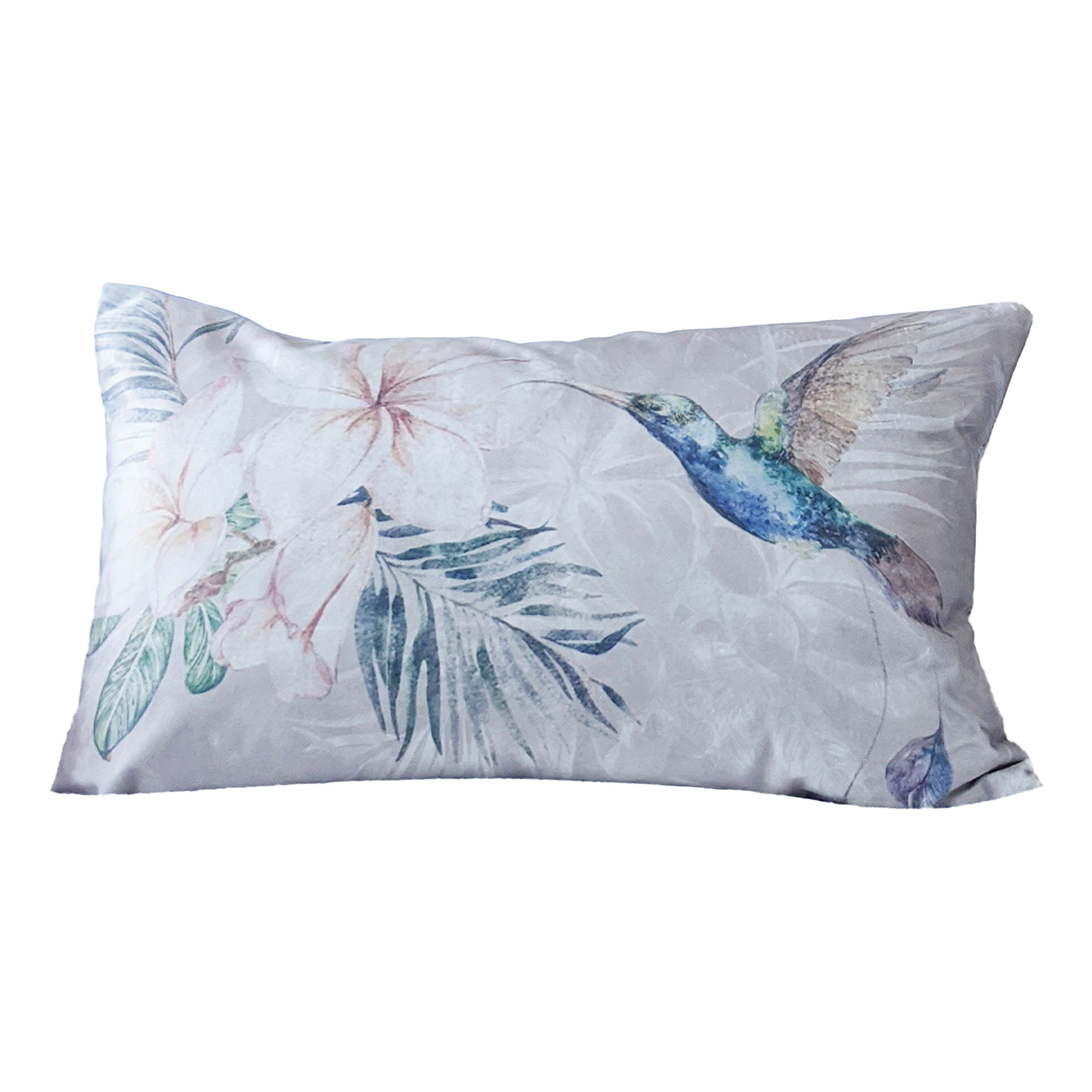 Grey Velvet Cushion with a Hummingbird and Botanical Motif