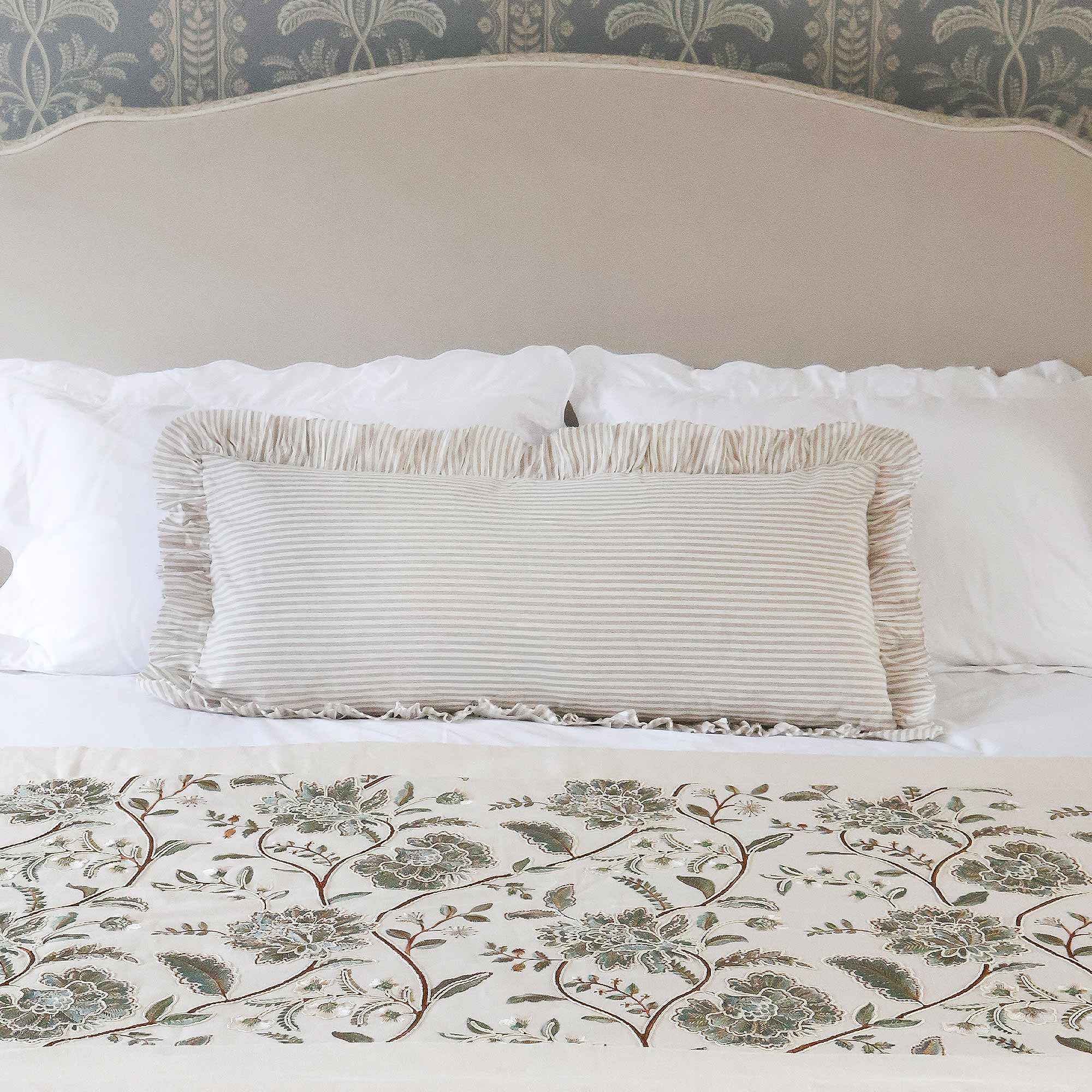 Natural Stripe And Frilled Bolster Cushion