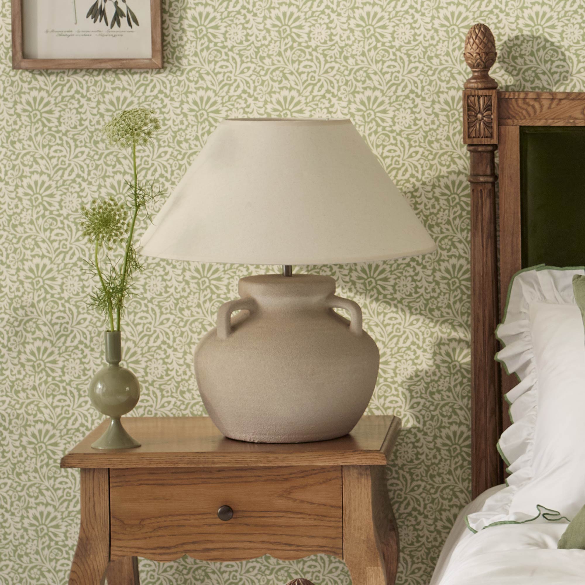 Large Earthenware Table Lamp with Cotton Linen Shade
