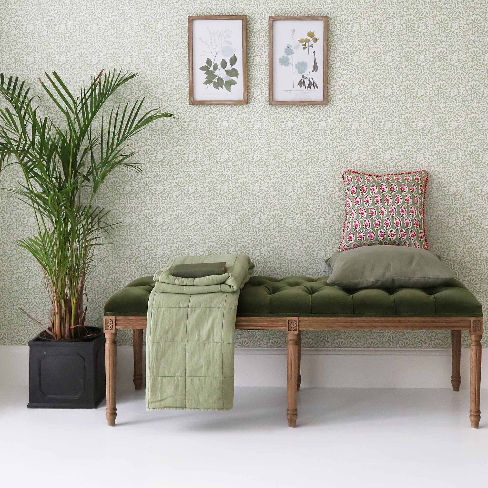 green velvet and light oak bench 