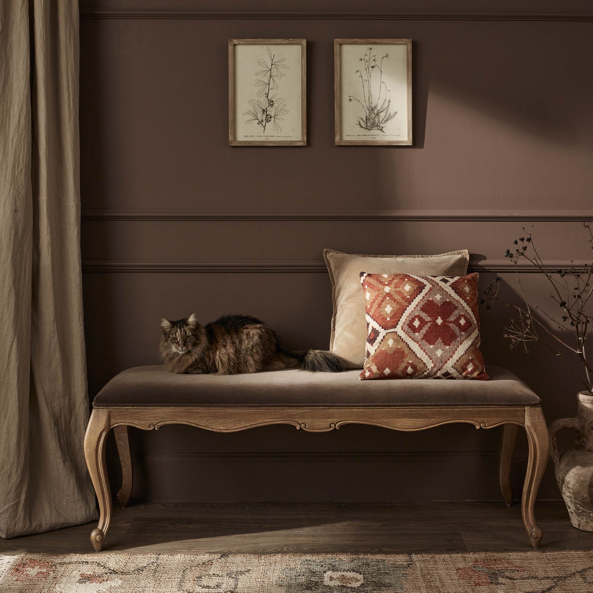 oak and deep brown velvet bench 