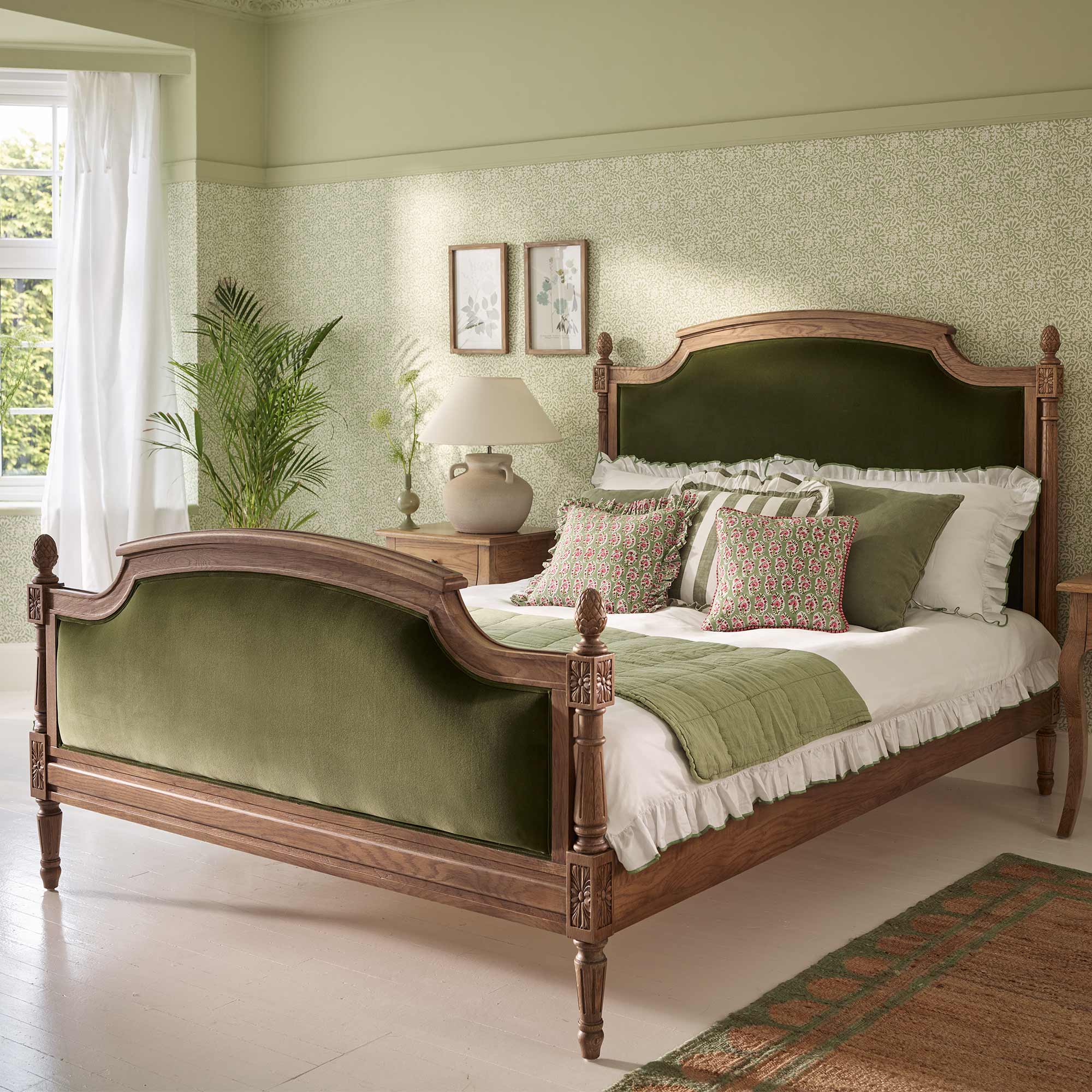 Love Story Olive Velvet Upholstered Finial Bed