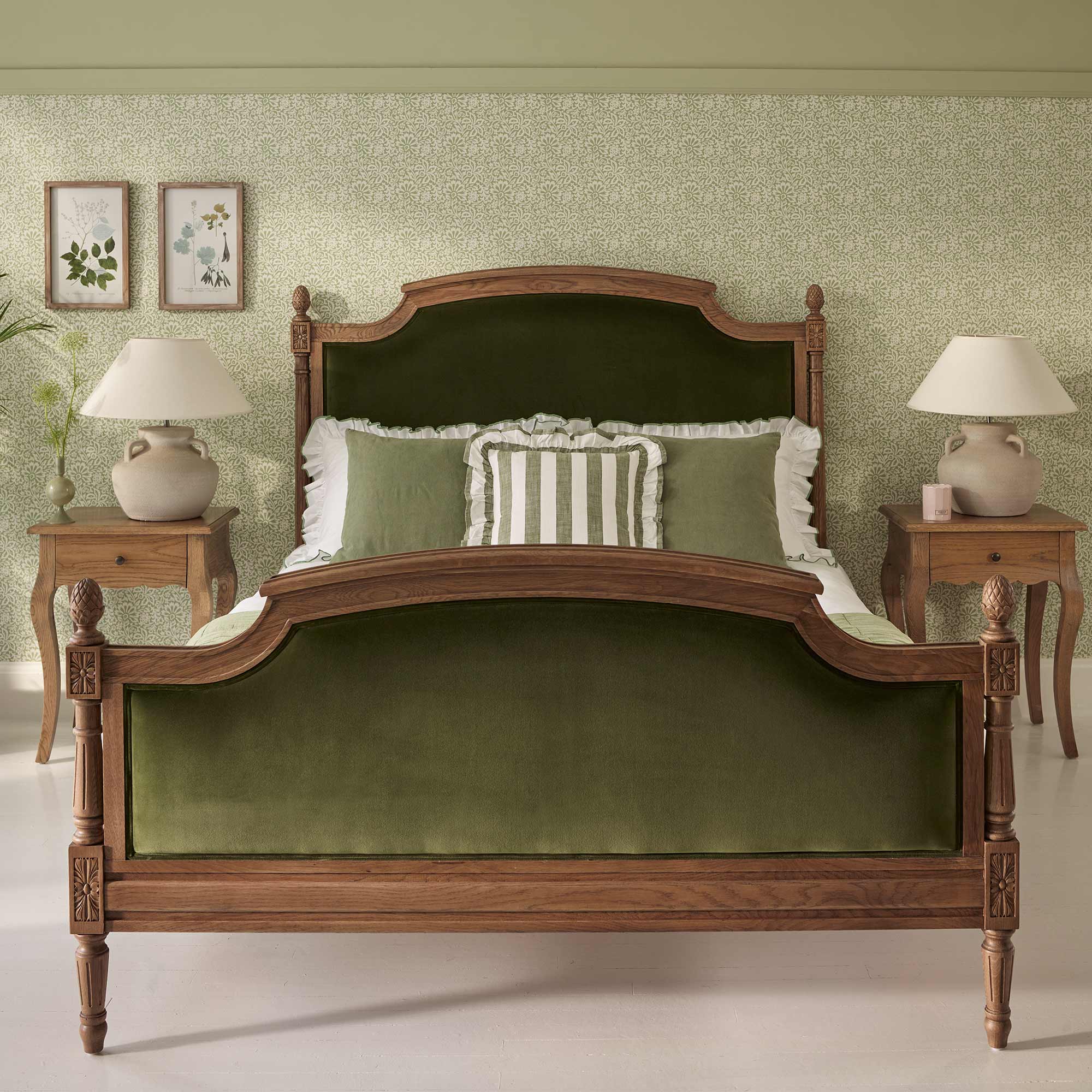 Love Story Olive Green Velvet Upholstered Finial Bed