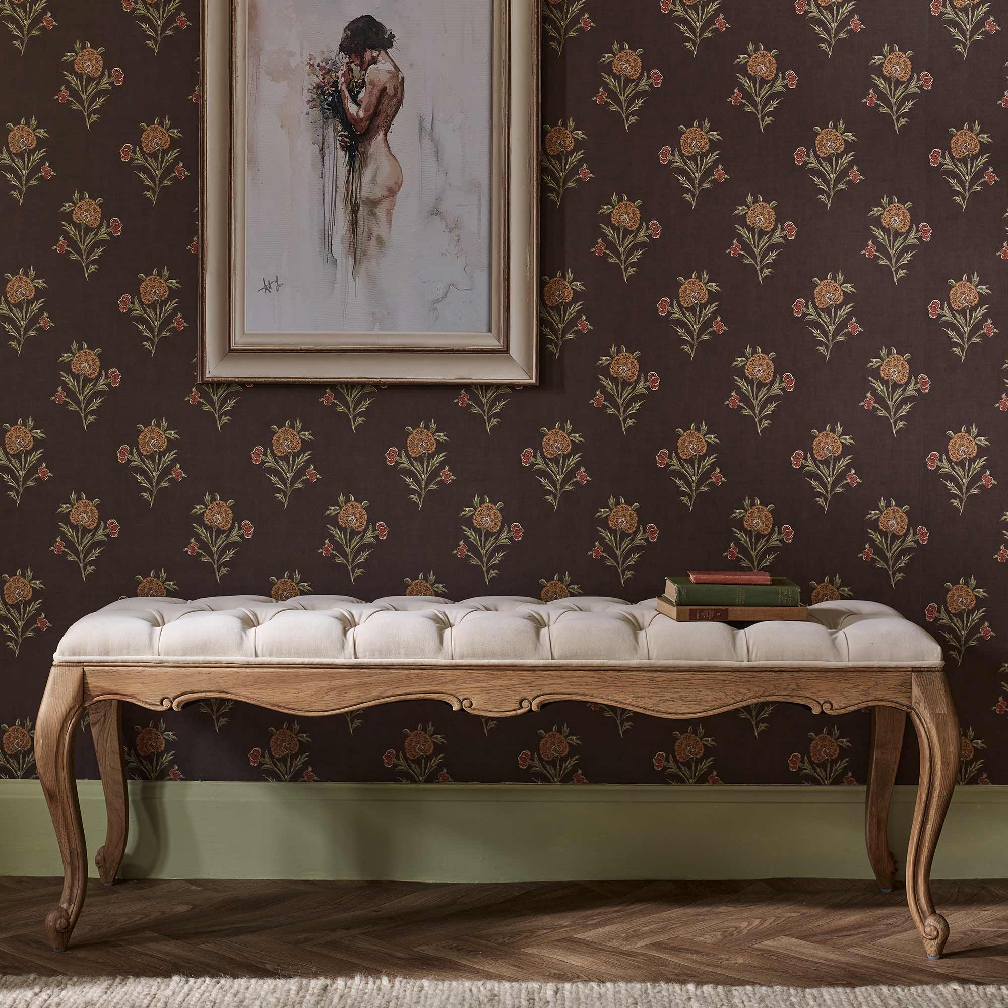 light oak and pale taupe cotton velvet bench 