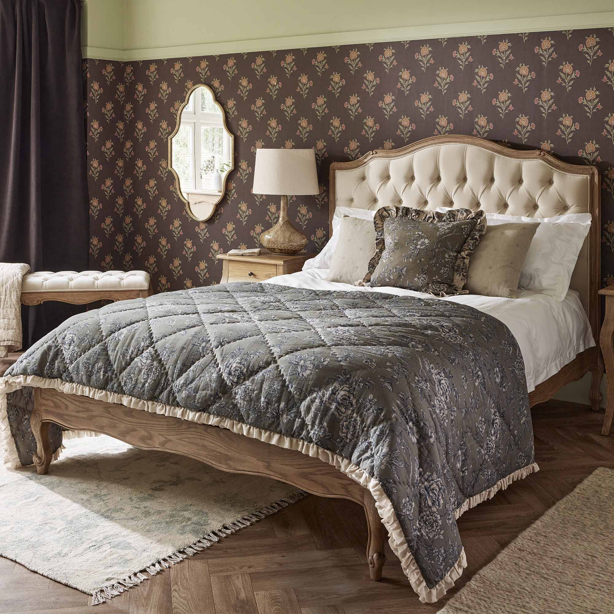 Love Story Taupe Velvet Buttoned Upholstered Bed