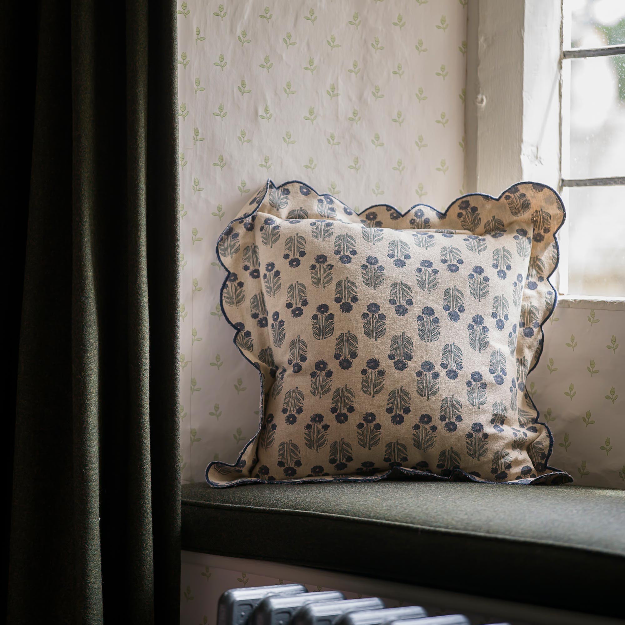 Blue Scalloped Handblock Cushion