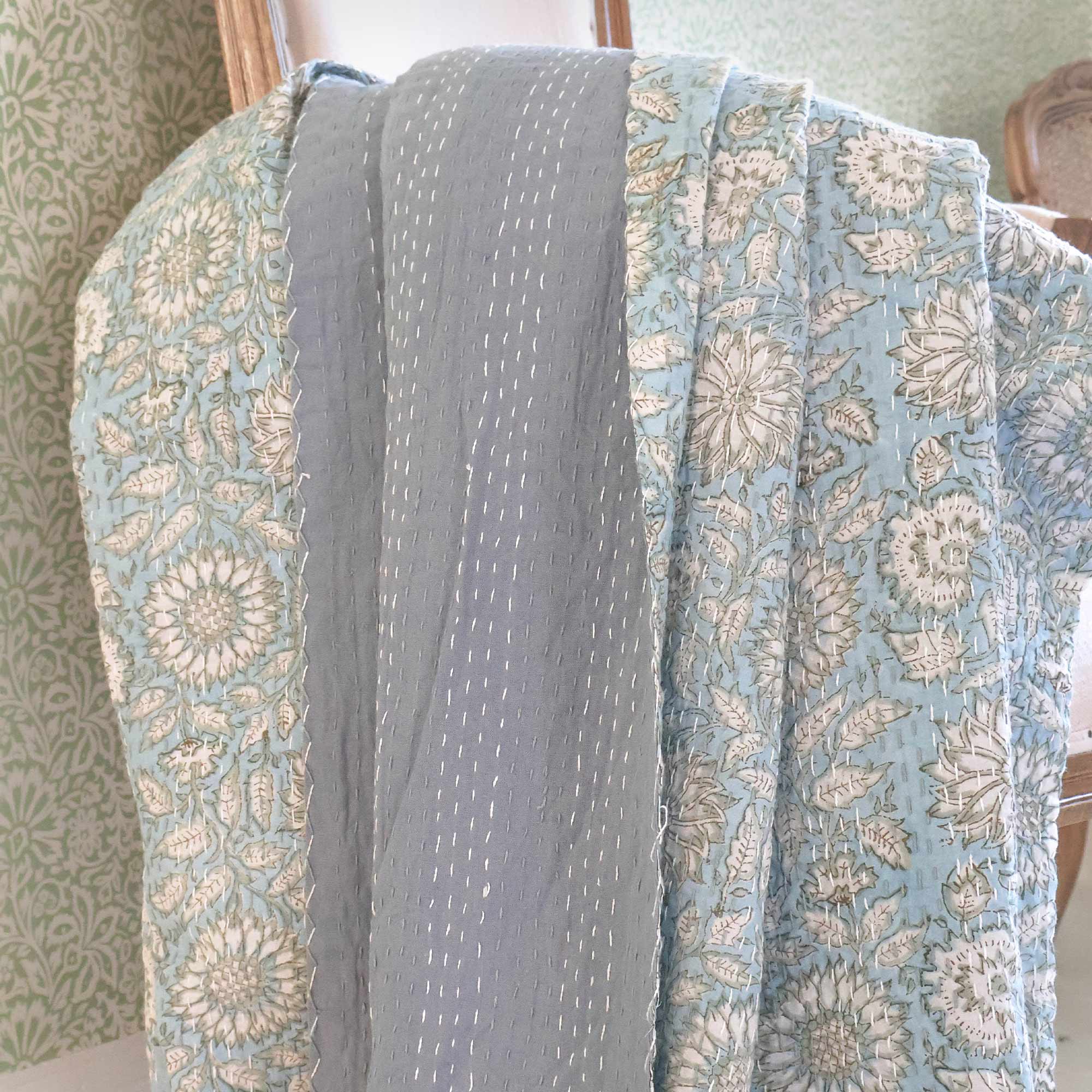 Blue Floral Block Print Bed Cover