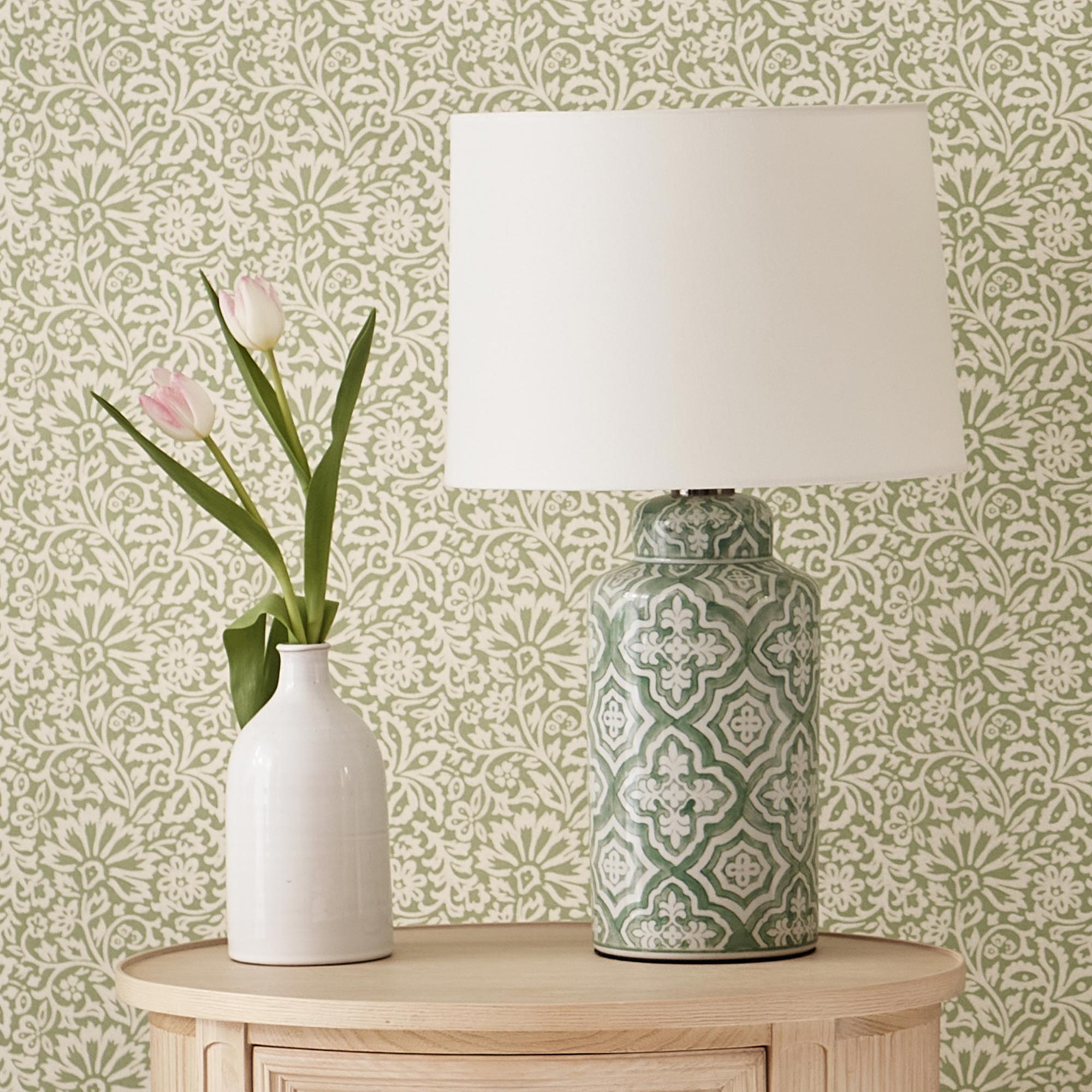 Green and White Ceramic Patterned Lamp with White Cotton Shade