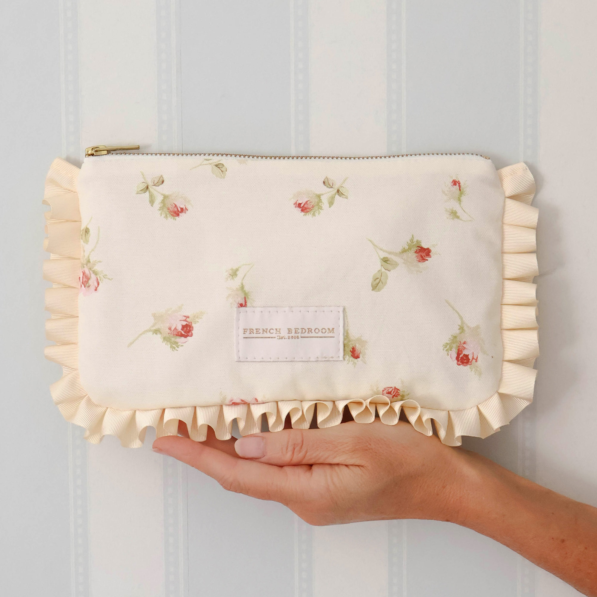 Cream Ditsy Rose Pink And Red Cosmetic Bag with Cream Pleated Edge