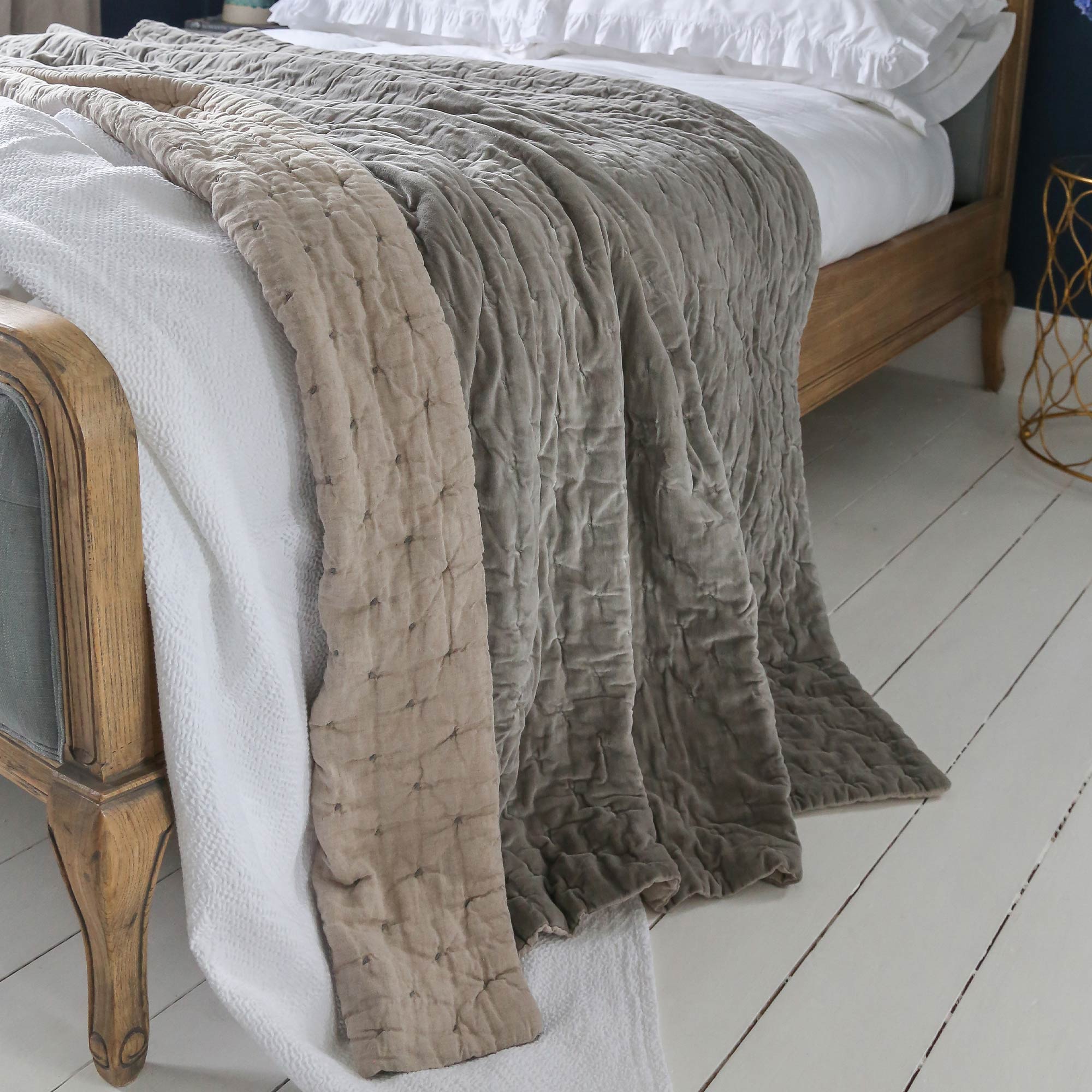 Quilted Pale Grey Throw with Natural Linen Reverse