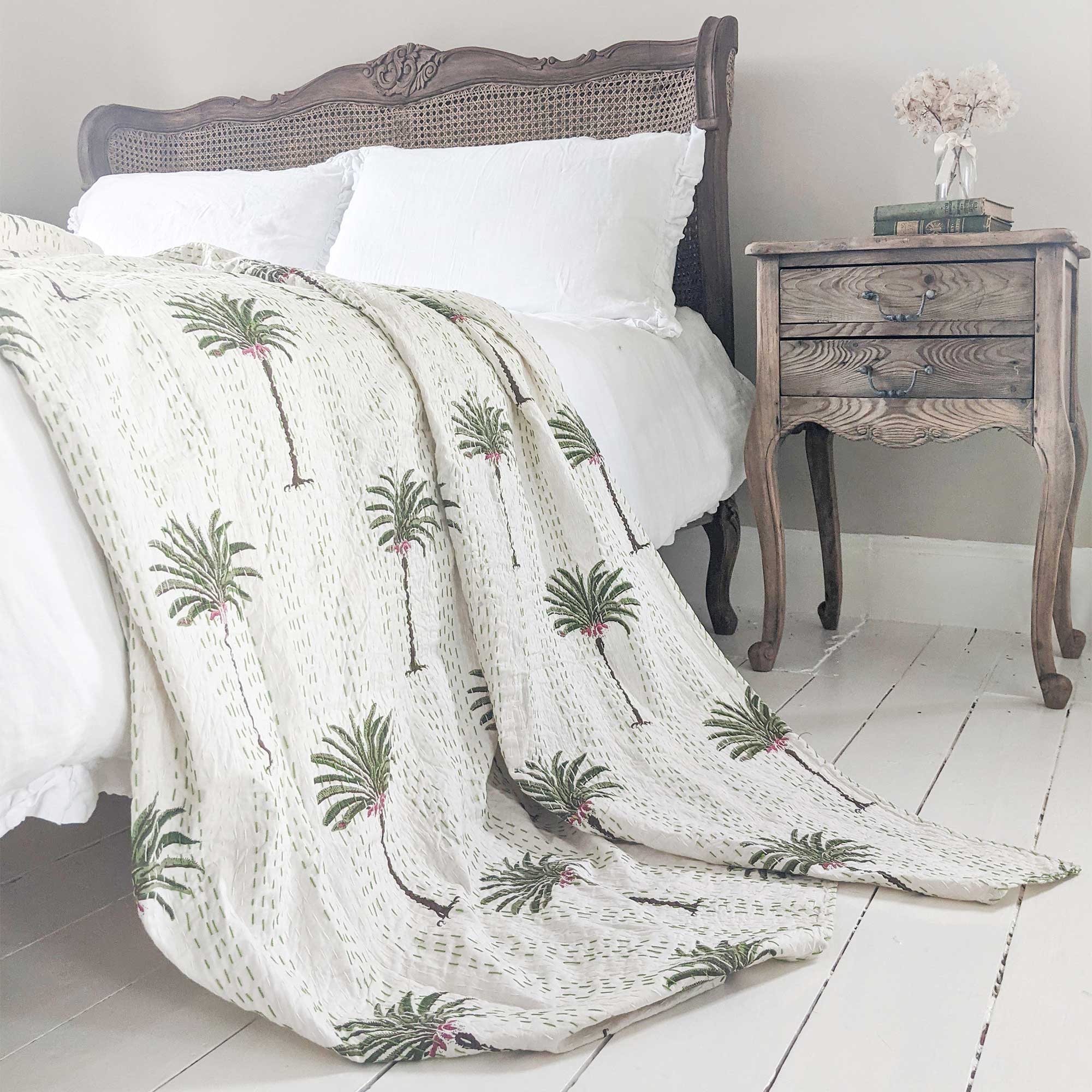 White Bed Cover with Palm Tree Design