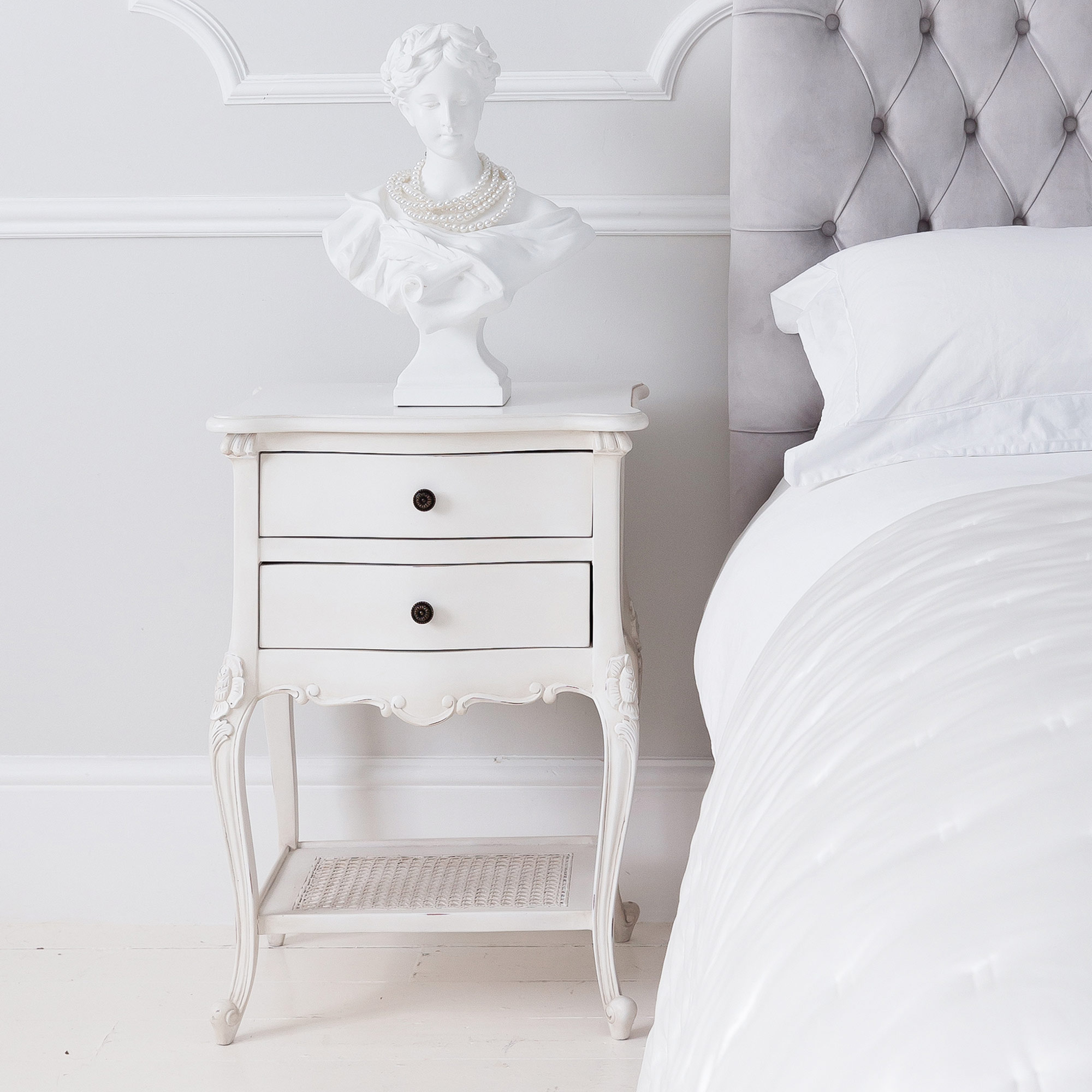 Provençal 2-Drawer White Rattan Bedside Table