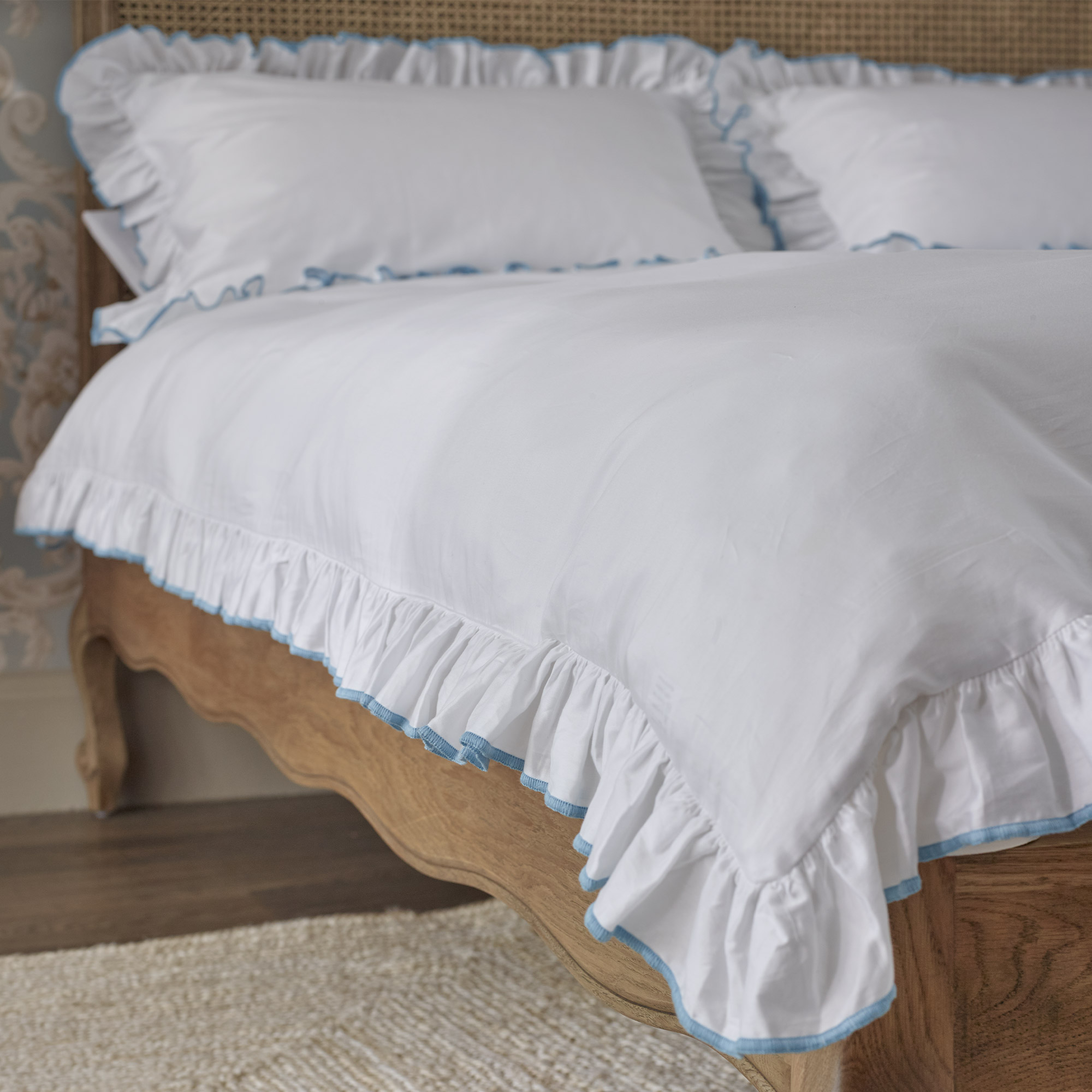 Frilled Ruffle Pale Blue Trim White Bed Set