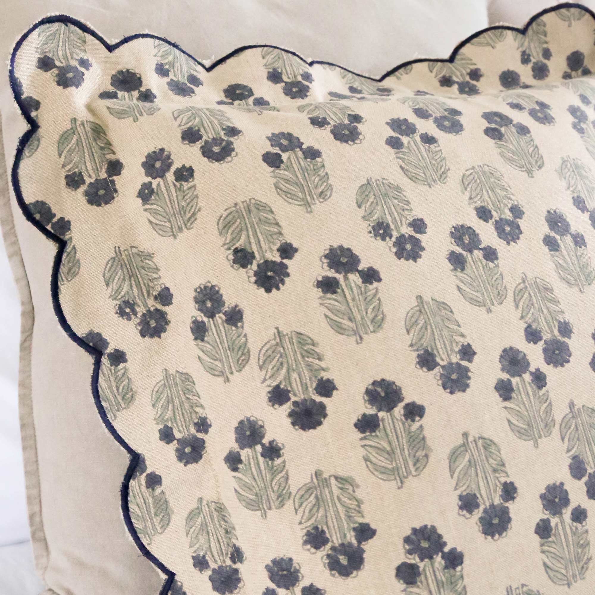 Scalloped Handblock Blue Linen Cushion