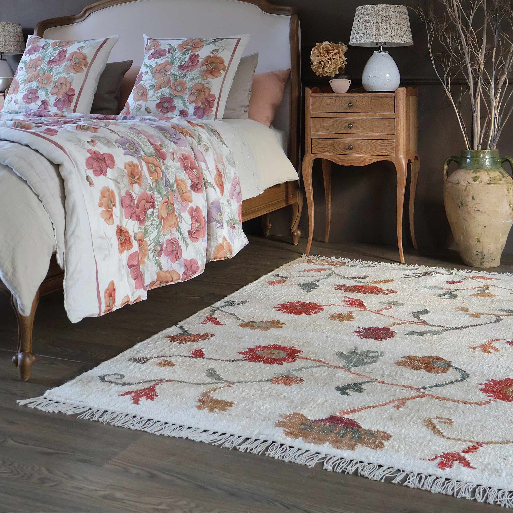 Handwoven Rug with Floral Trellis Print
