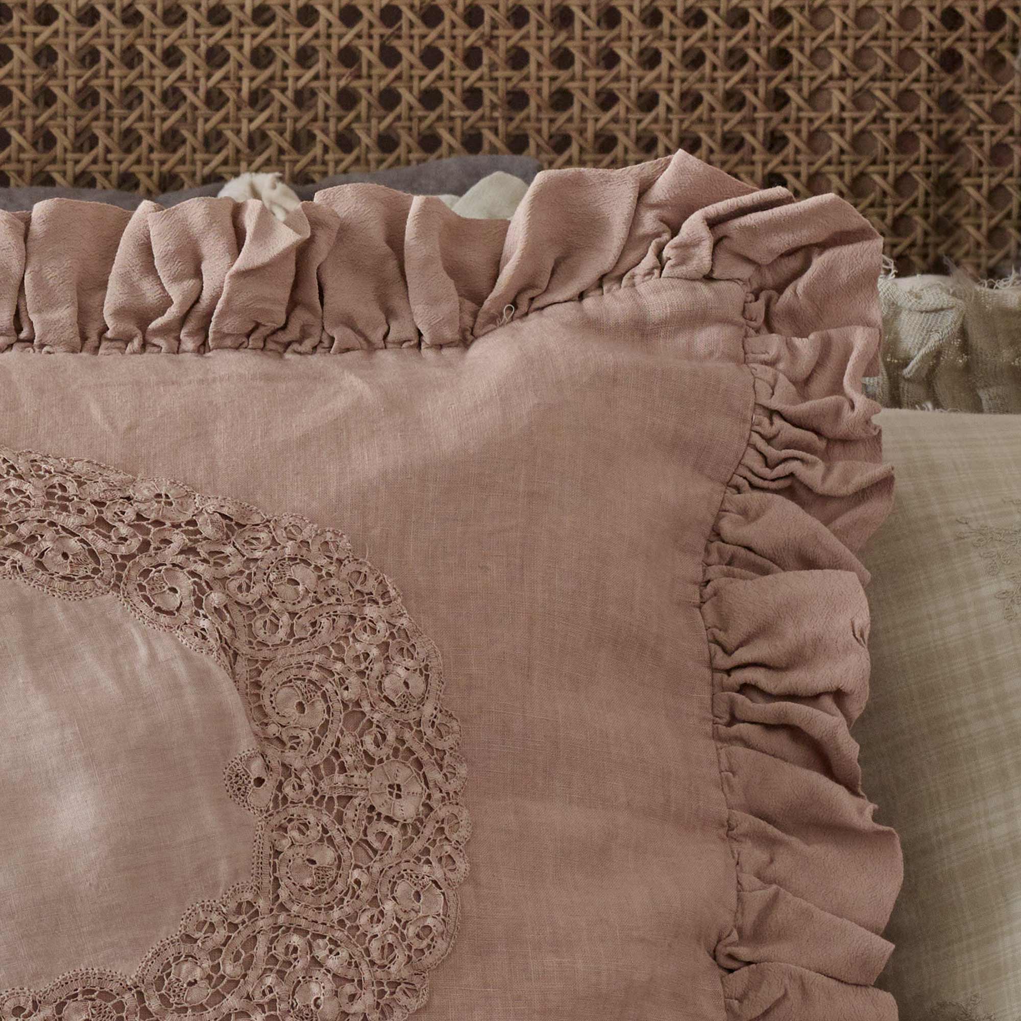 Ruffled Linen and Lace Blush Cushion Cover