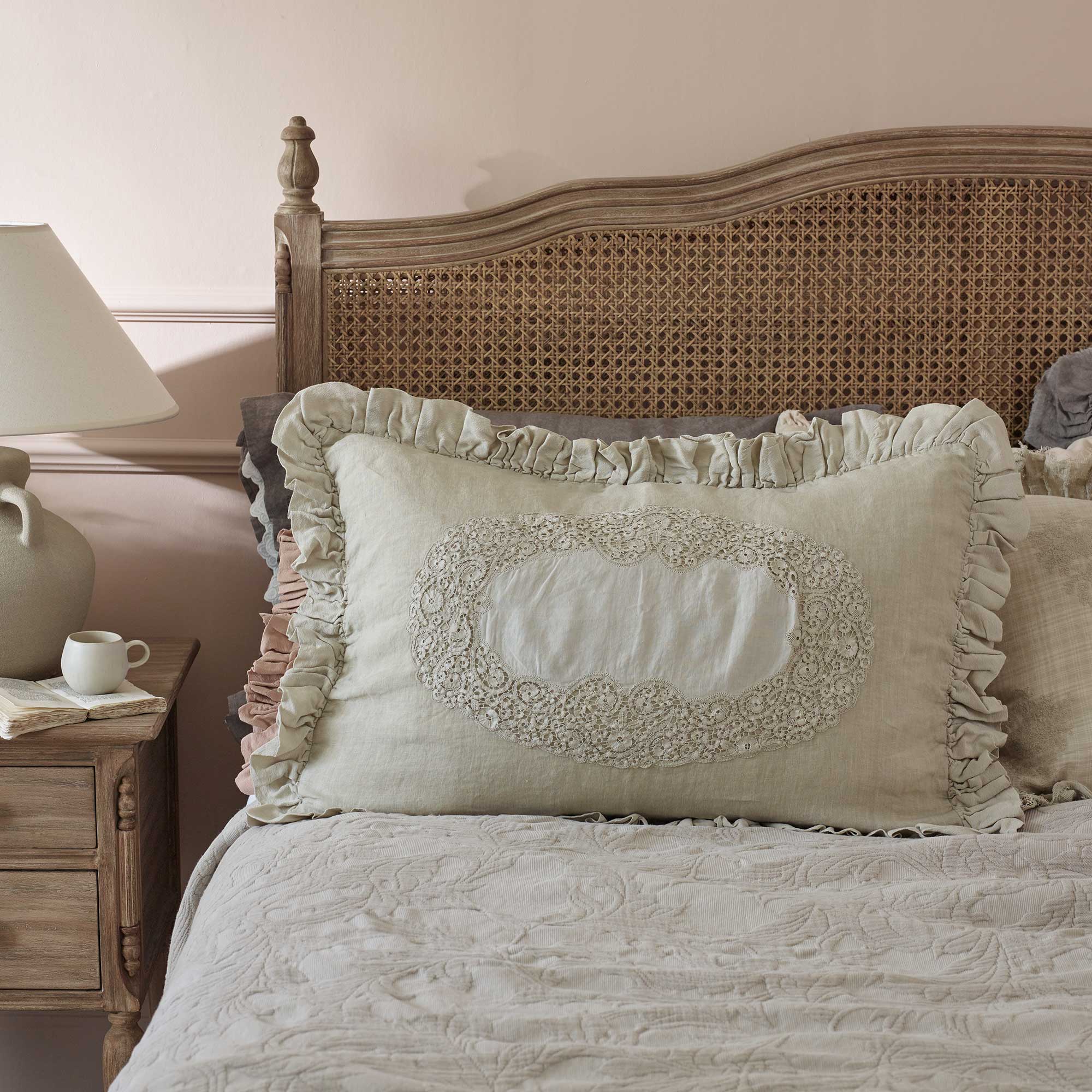 Ruffled Linen and Lace Nude Cushion Cover