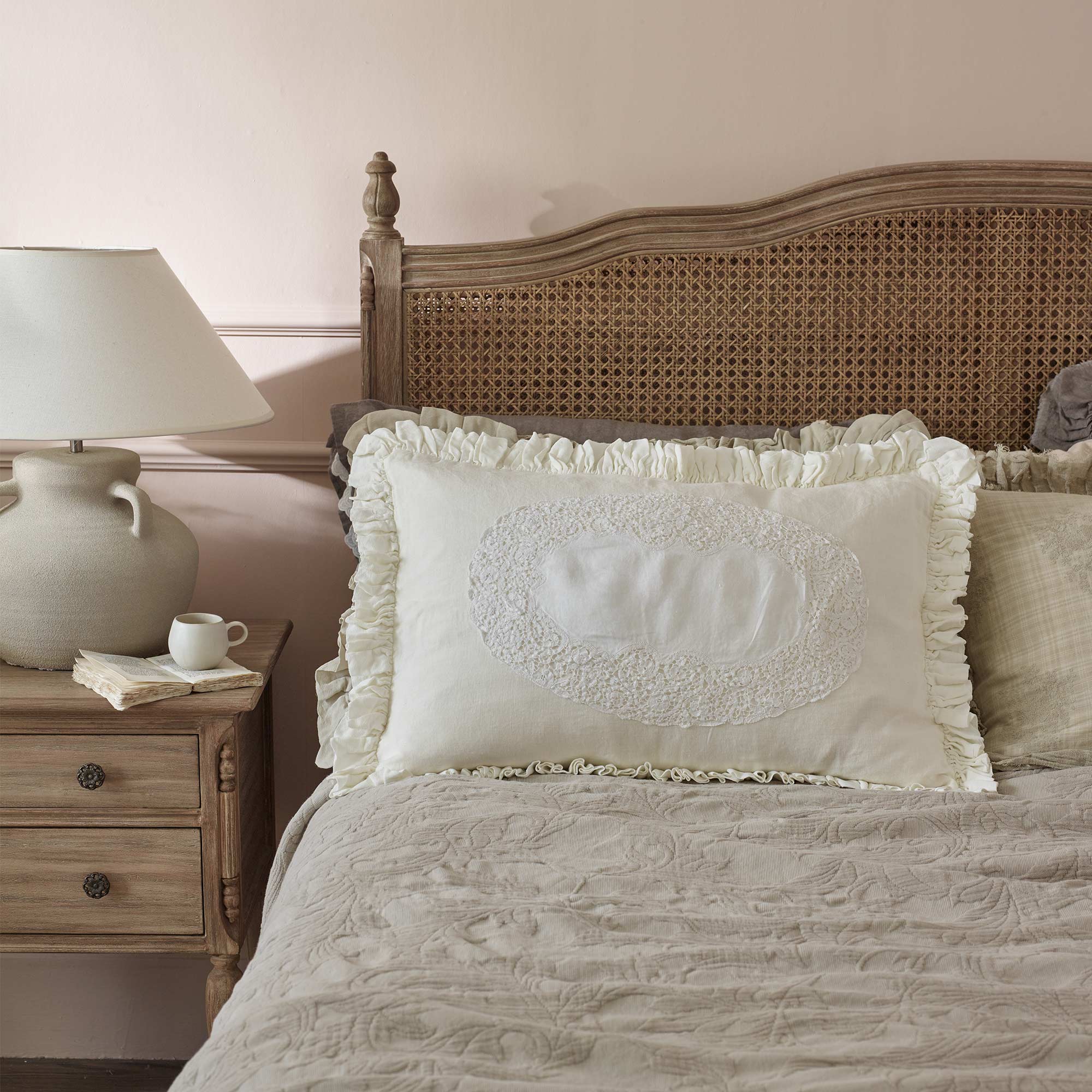 Ruffled Linen and Lace White Cushion Cover