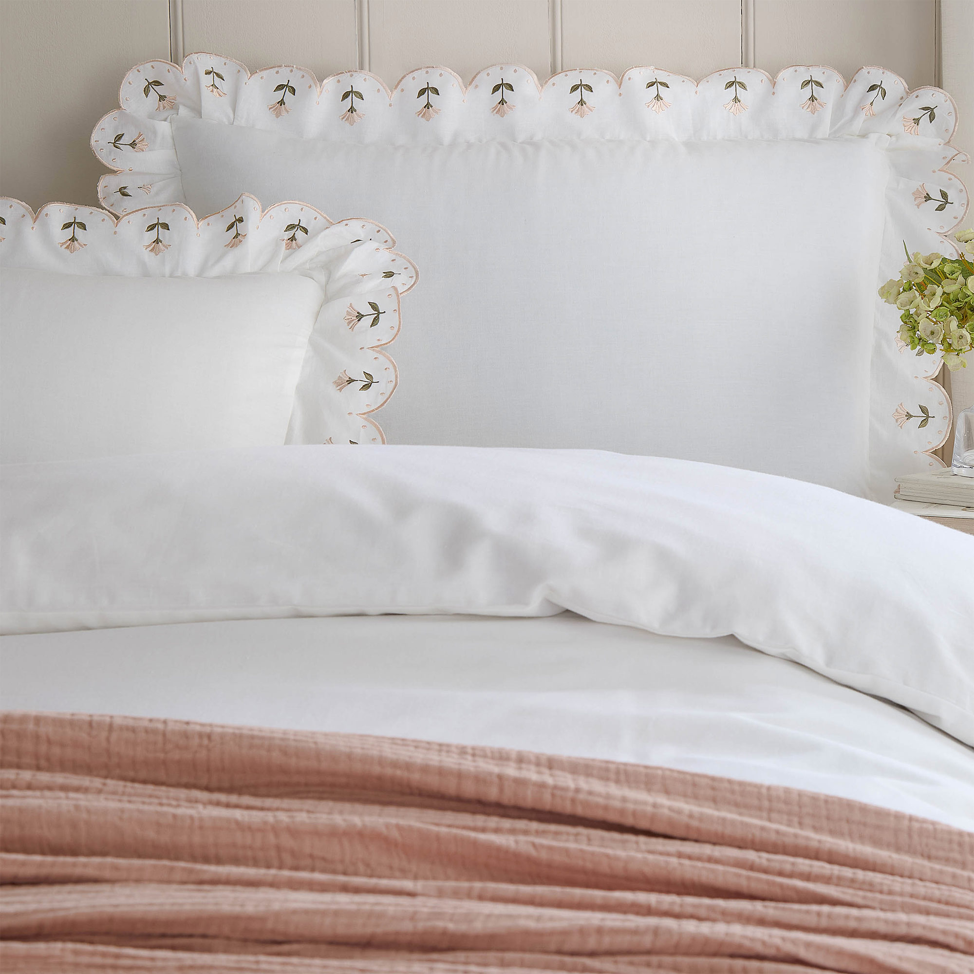Scallop White Bed Linen with Embroidered Floral Detail