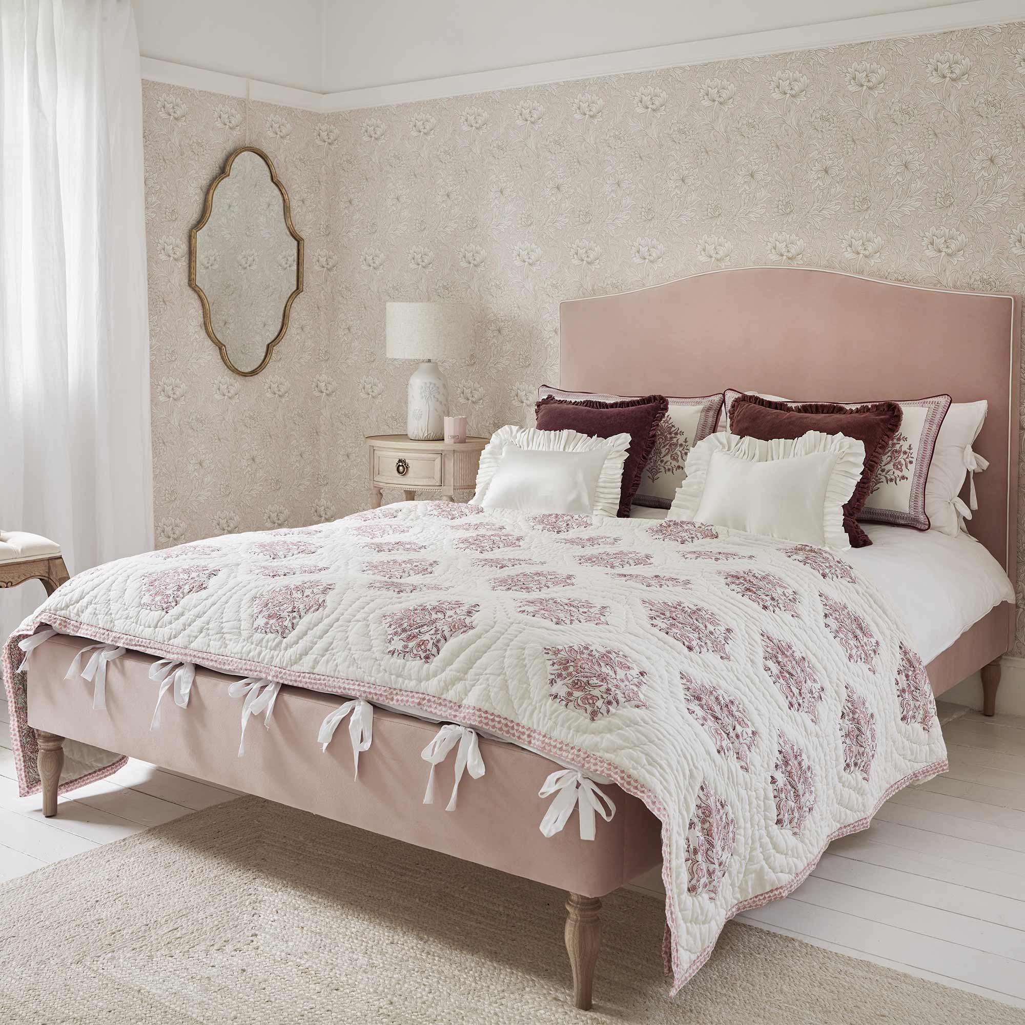 Soho Piped Pink Velvet Upholstered Bed