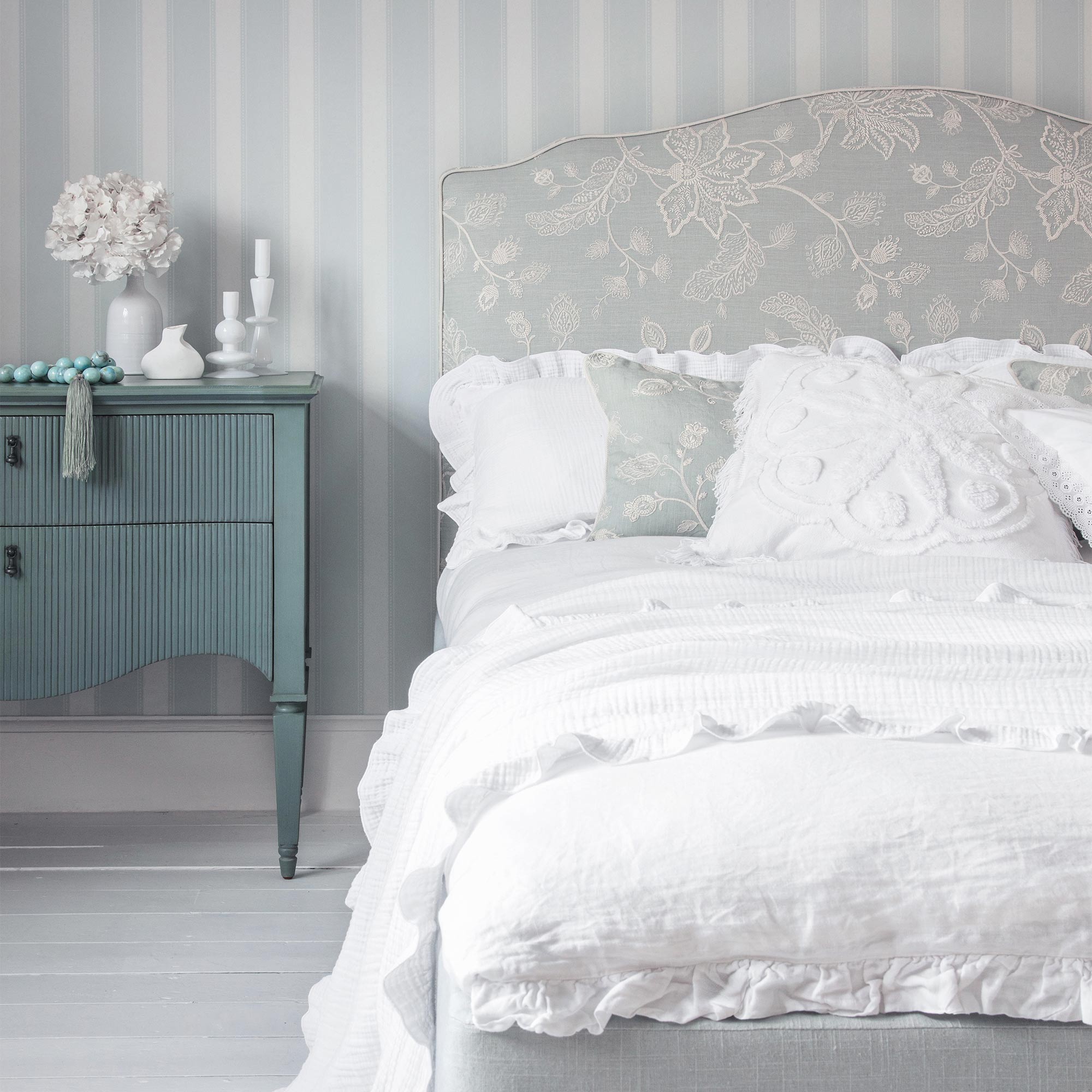 Embroidered Blue Linen Upholstered Bed