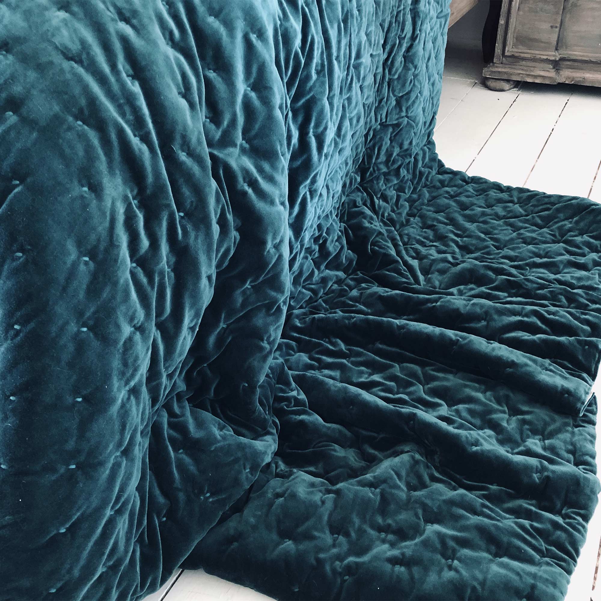 Teal Blue Quilted  Bedspread with a Natural Reverse
