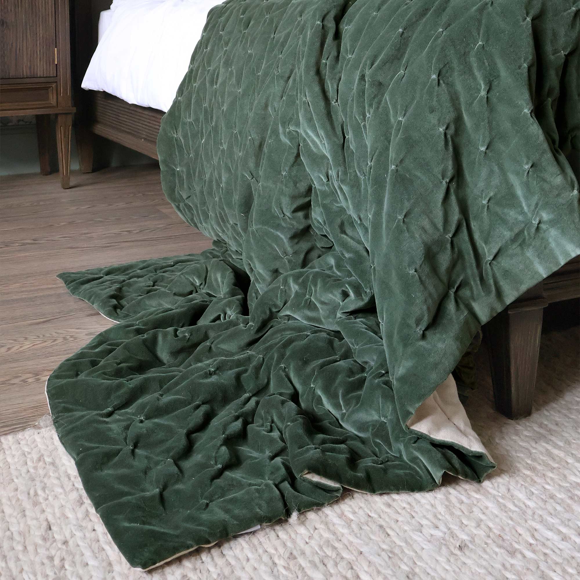 Quilted Forest Green Bed Throw with Natural Linen Reverse